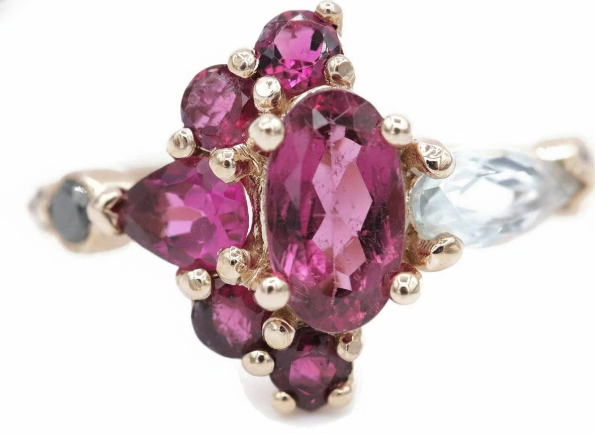 Rubellite Tourmaline Ombre Cluster Ring: Gemstone Crescent Ring