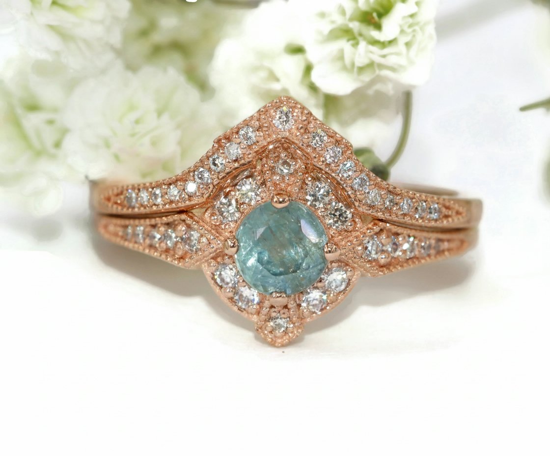 Pastel Blue Natural Sapphire Edwardian Inspired Engagement Rings Set