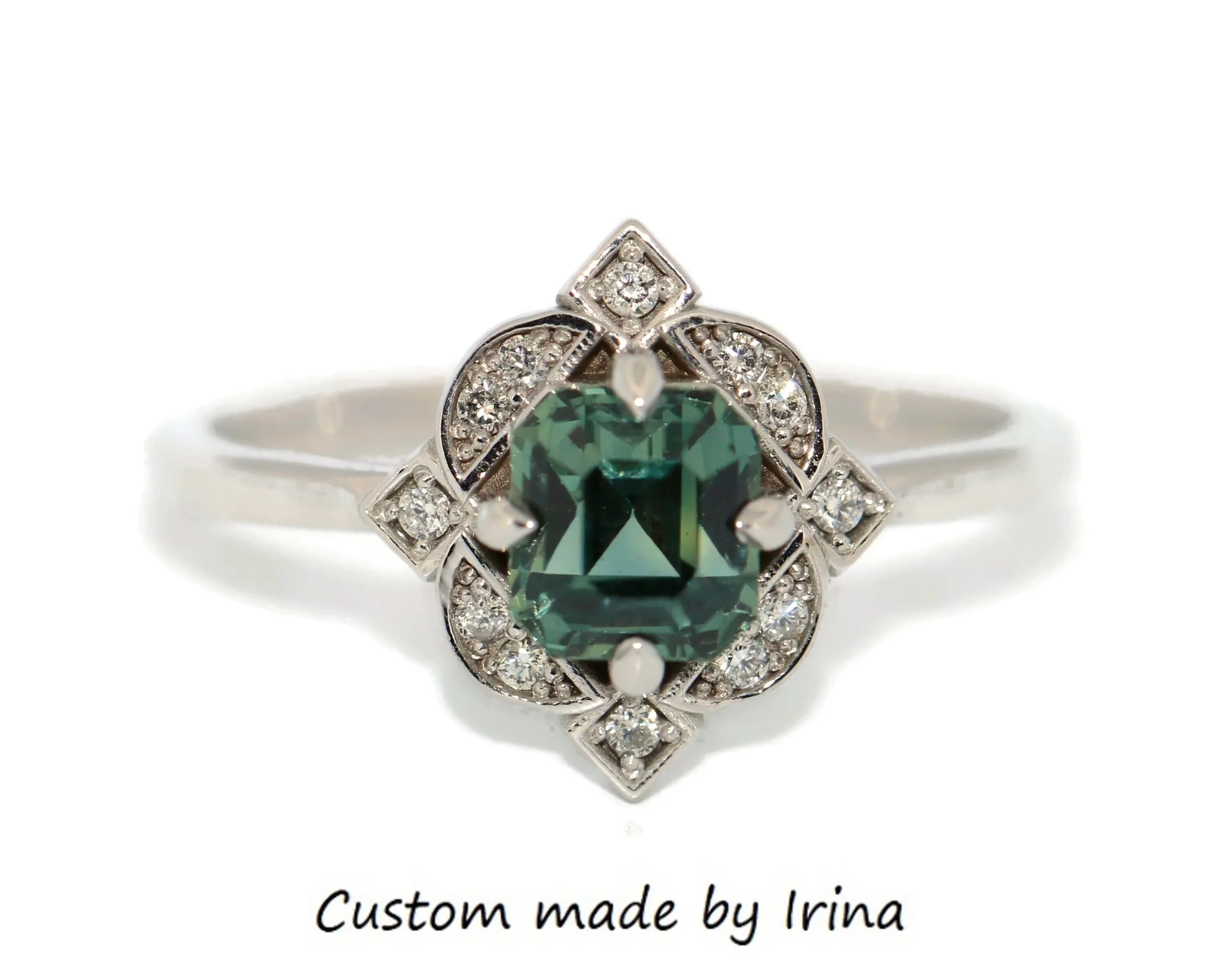 Unheated 1.1 ct Blue Green Custom Ring with Vintage Inspired Diamond Halo 14k Solid Gold