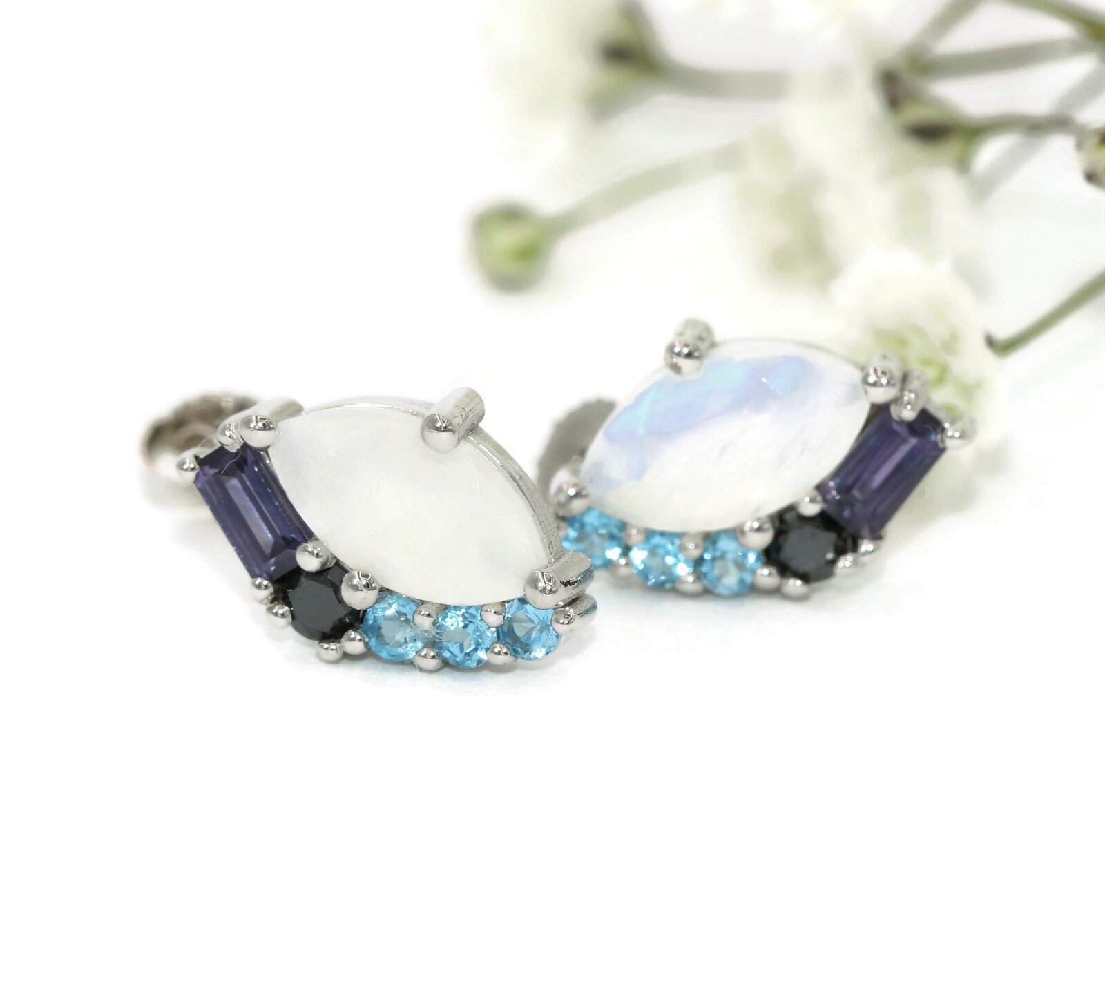 Custom Made 2 carat Moonstone Ombre Cluster Stud Earrings Celestial Collection