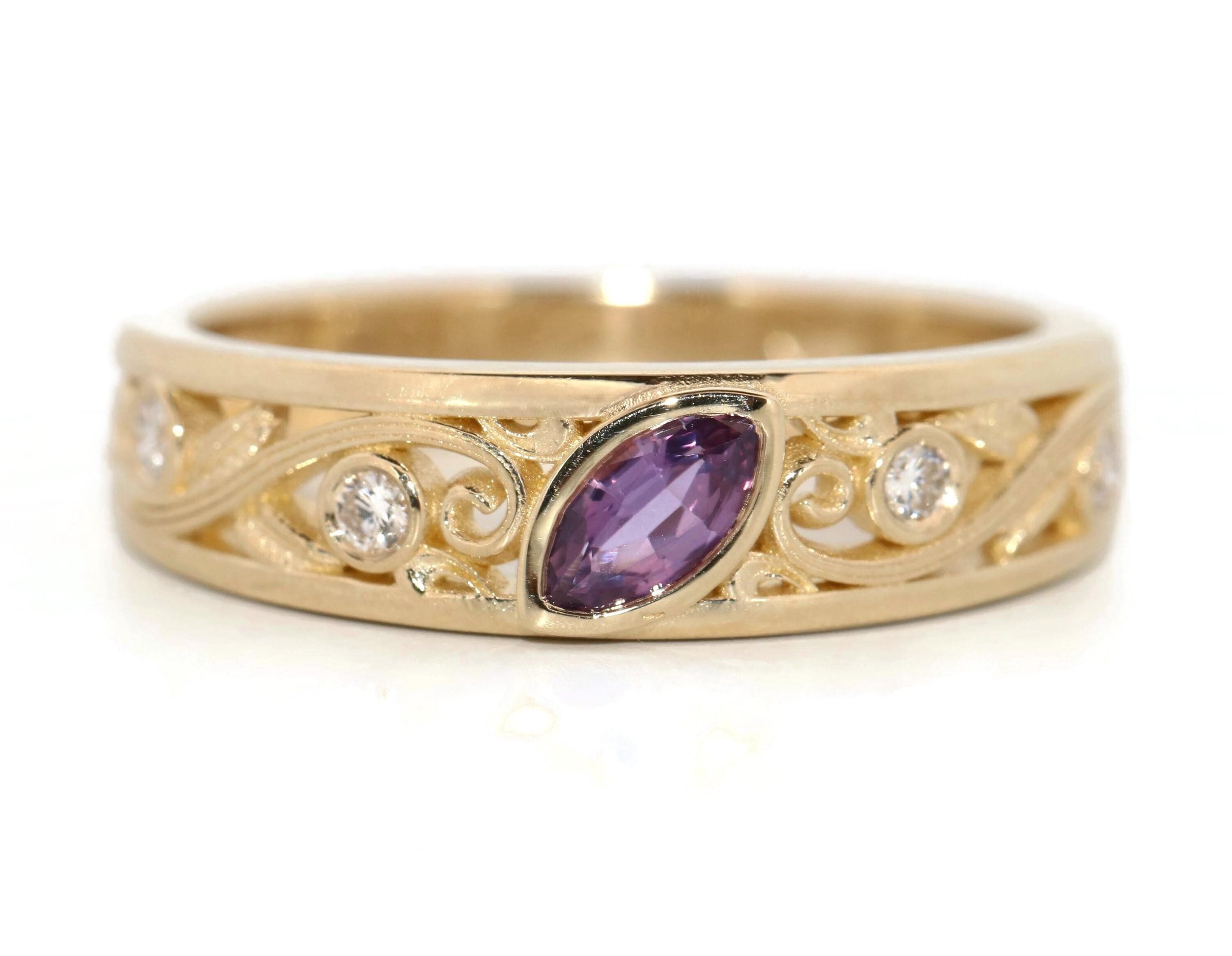 Purple Natural Sapphire Bezel Set Vine Leaf Marquise Engagement-Wedding Ring