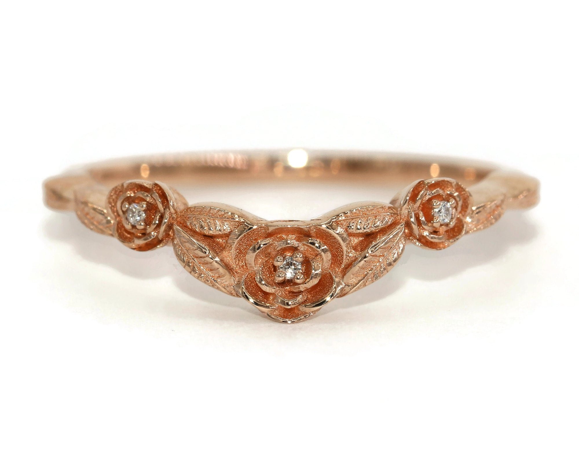 Nature Inspired Hand Engraved Rustic Leaves and Flowers Wedding Ring