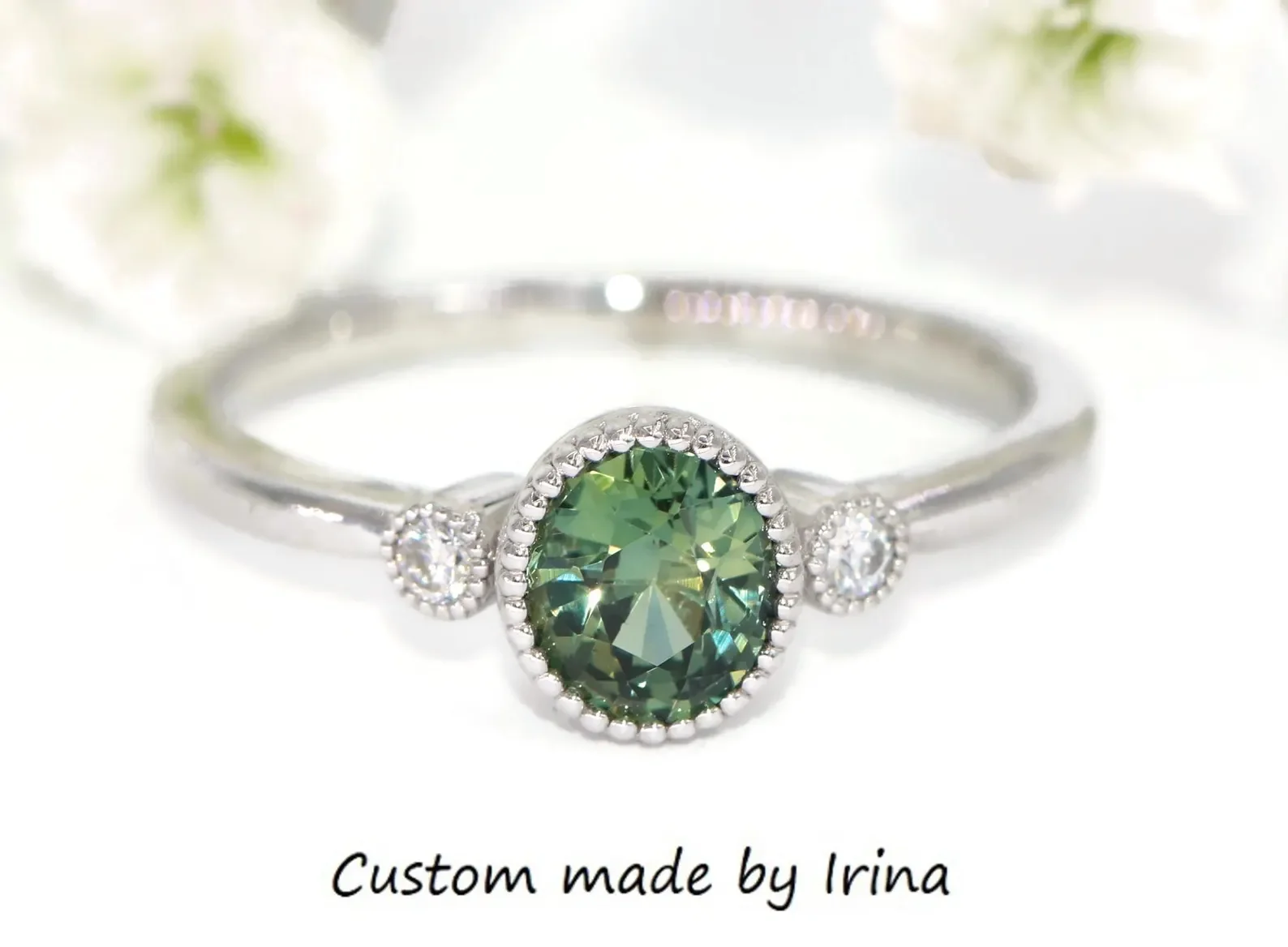 1.25 carat Unheated Natural Teal Blue Green Sapphire Three Stone Engagement Ring 14k Solid Gold