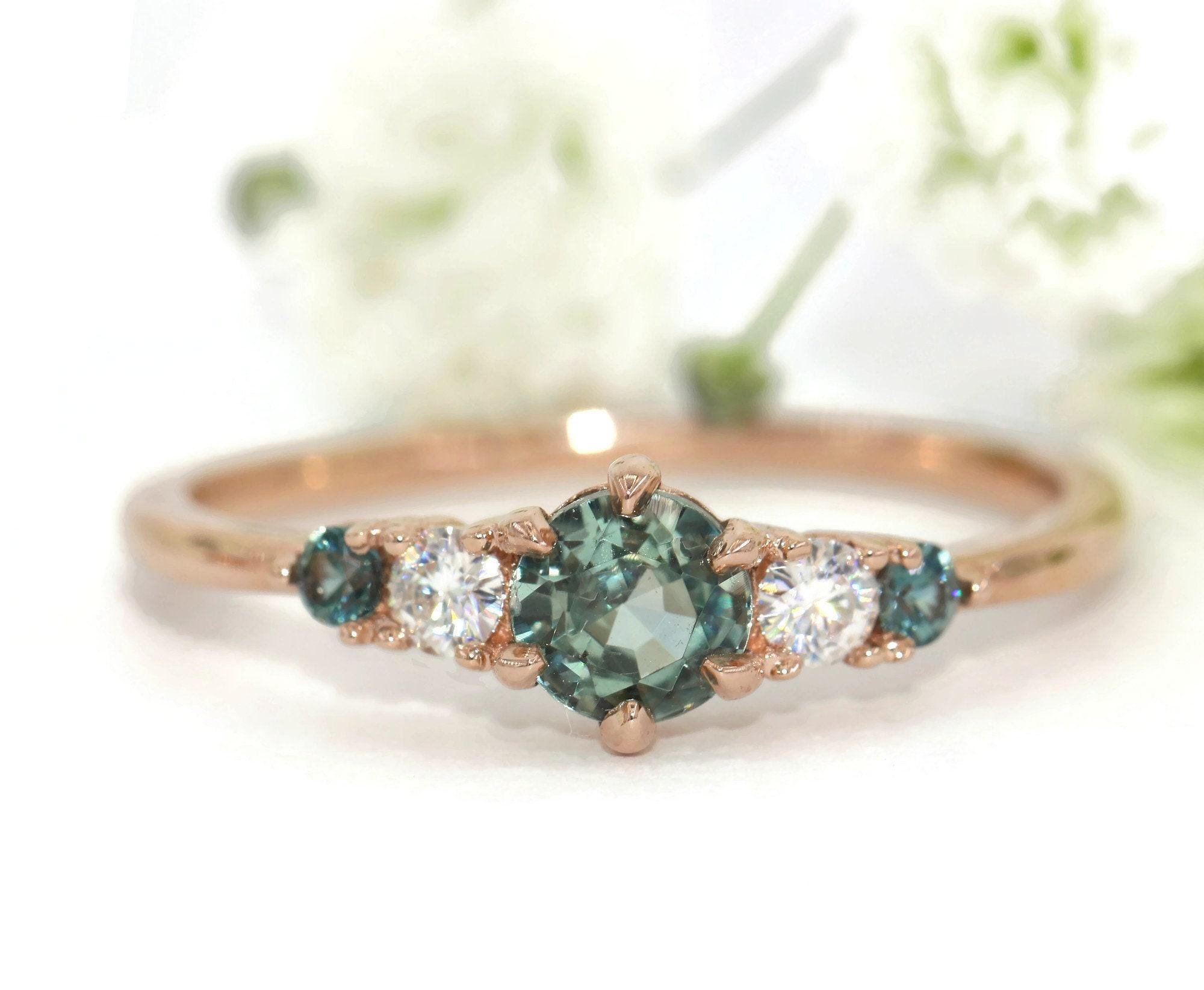 Unheated Teal Blue Natural Montana Sapphire 5 Stone Classic Ring