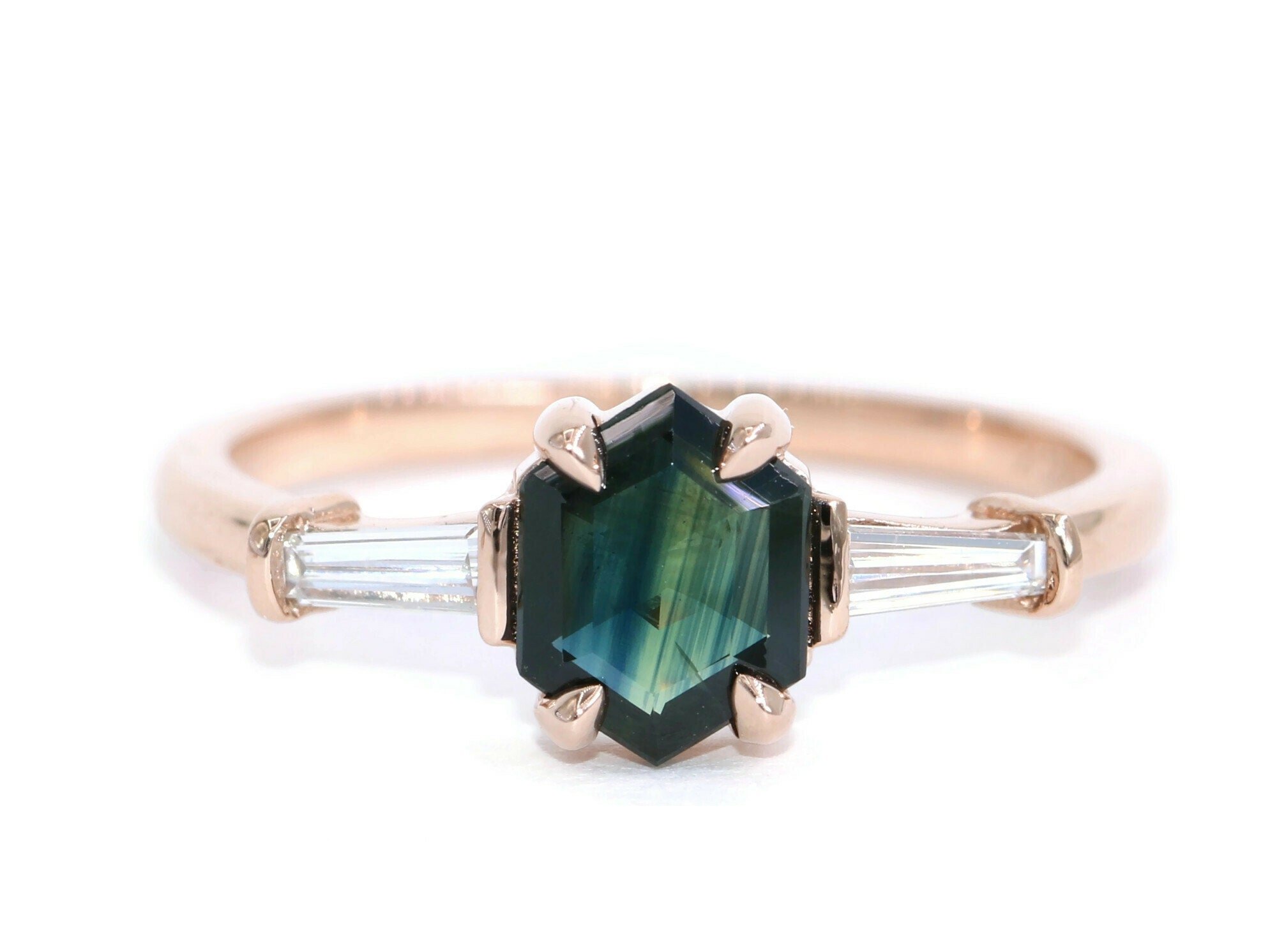 Hexagon Blue Green Natural Sapphire 3 Stone Baguette Diamond Ring