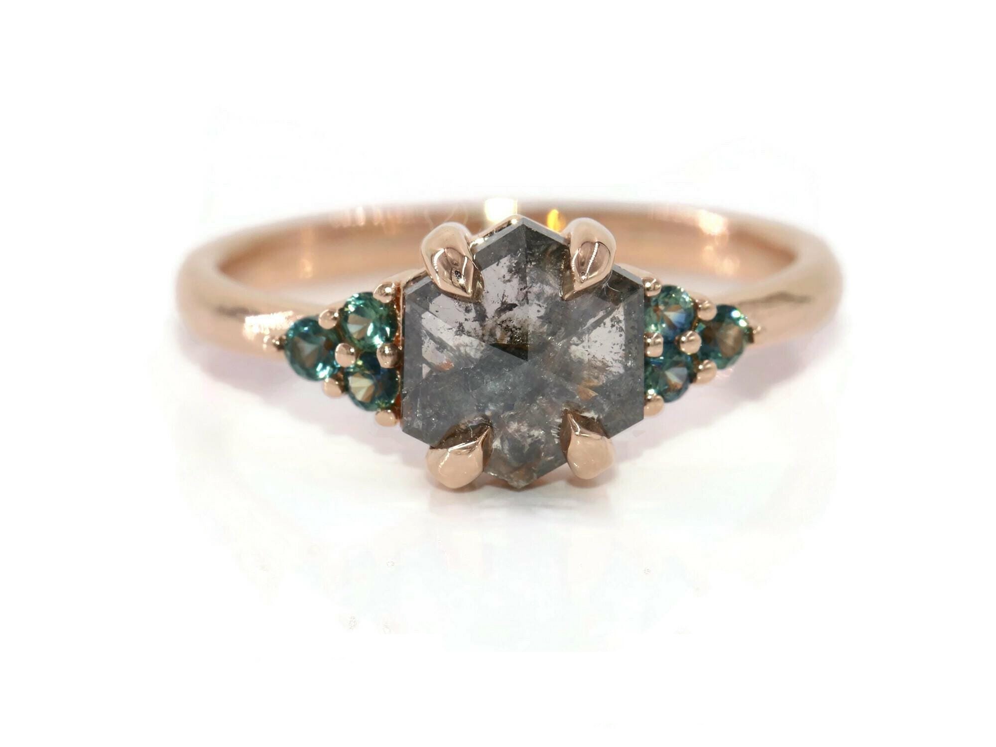 1 ct Hexagon Salt and Pepper Diamond Ring with Teal Sapphires