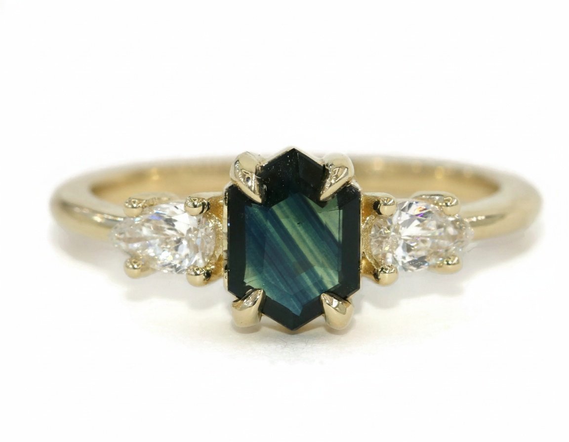 1 carat Hexagon Blue Green Natural Sapphire & Pear Natural Diamonds 3 Stone Engagement Ring
