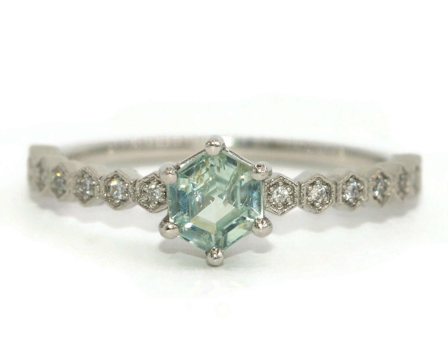 Hexagon Natural Unheated Montana Sapphire Ring with Honeycomb Diamond Shank