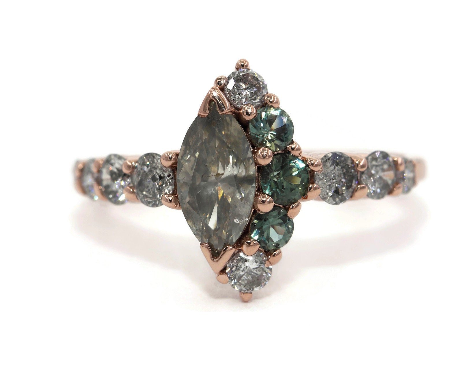 Salt & Pepper Smokey Gray Marquise Natural Diamond Half Moon Halo Cluster Ring
