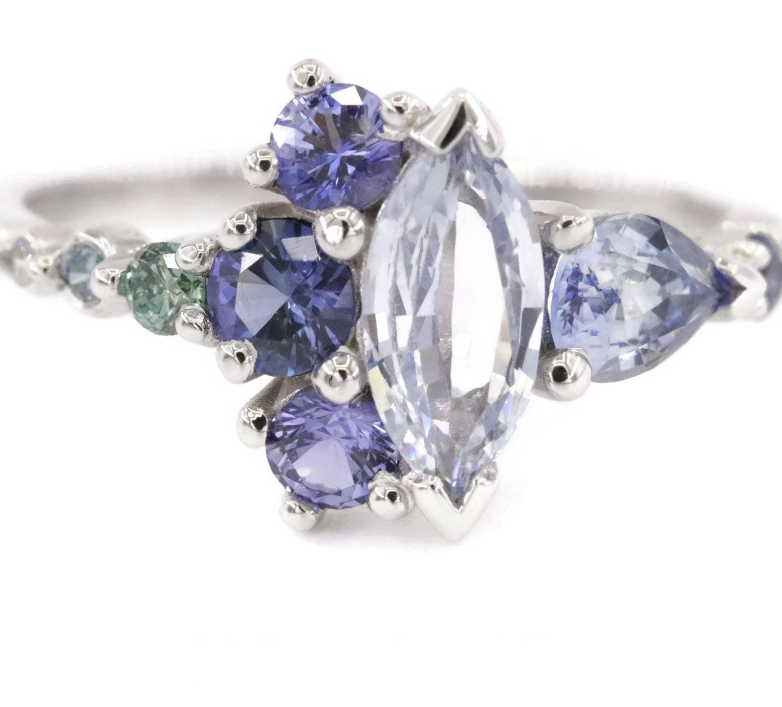 Half Moon Halo Blue Sapphire Ombre Cluster Engagement Ring