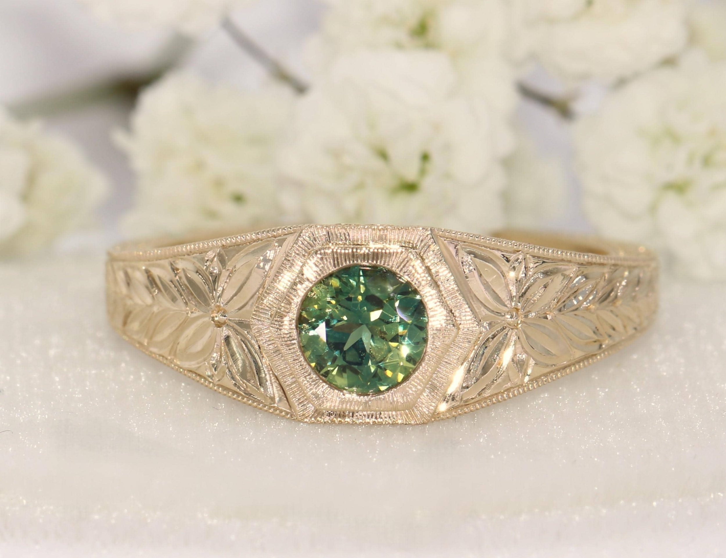 Hand Engraved Teal Green Natural Sapphire Engagement Ring Hexagon Frame Bezel Set