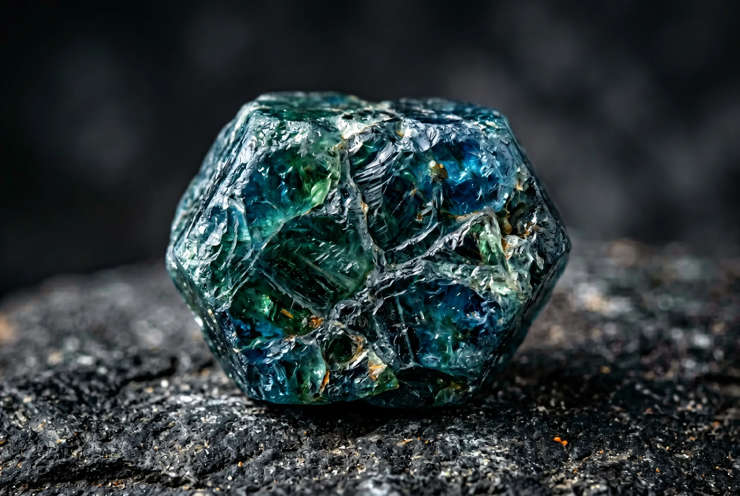 Raw uncut teal sapphire crystal on dark rock surface showing natural mineral formation