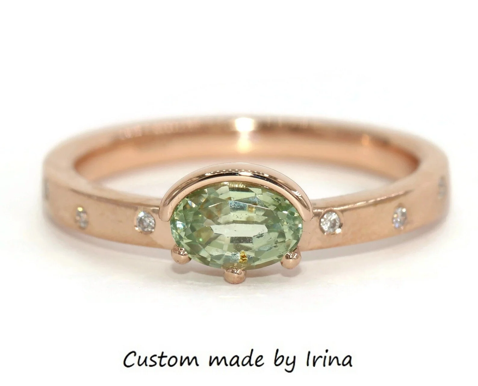 Oval Green Natural Montana Sapphire Cigar Band Ring with With Flush Scattered Diamonds