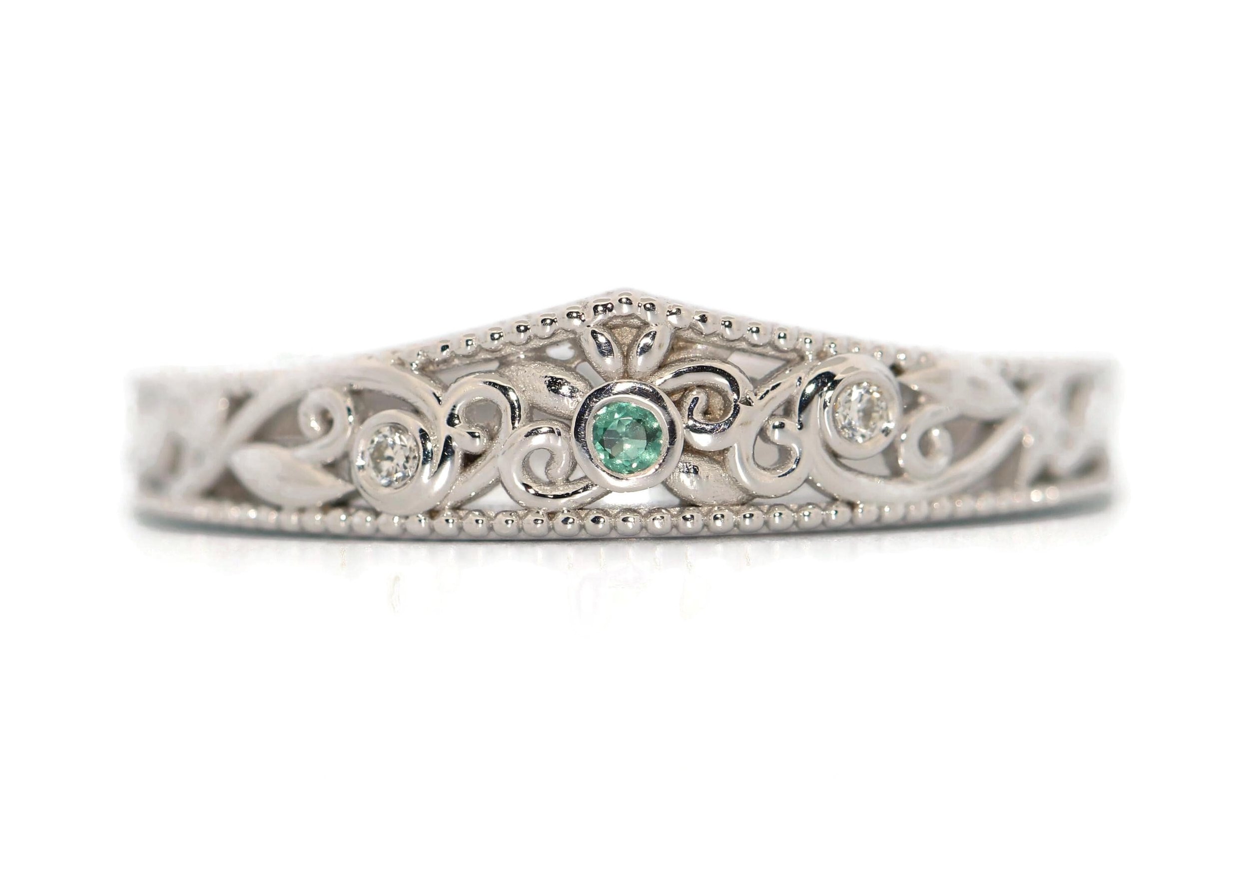 Flair Custom Lace Filigree Scrollwork Diamond + Emerald Wedding Band
