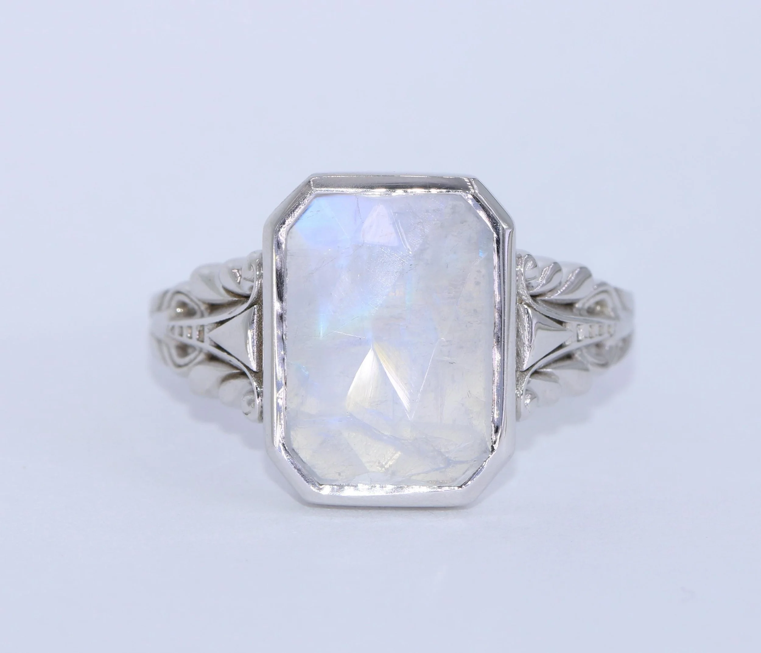 4.5 ct Low Profile Bezel Set Rainbow Moonstone Ring 14k Solid Gold