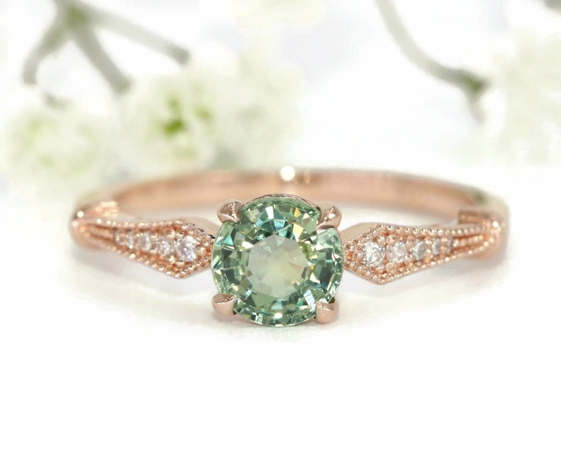 1 ct Green Natural Sapphire Edwardian Style Inspired Engagement Ring