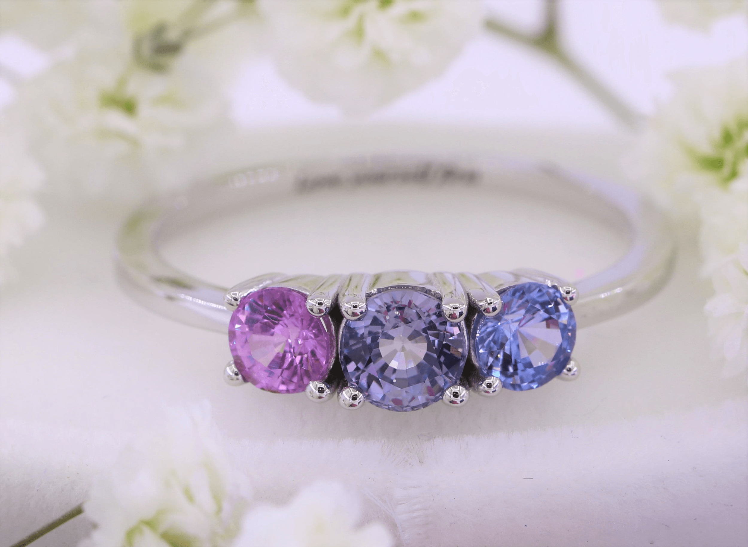 Ombre 3 Stone Purple Blue Natural Sapphires Cluster Ring