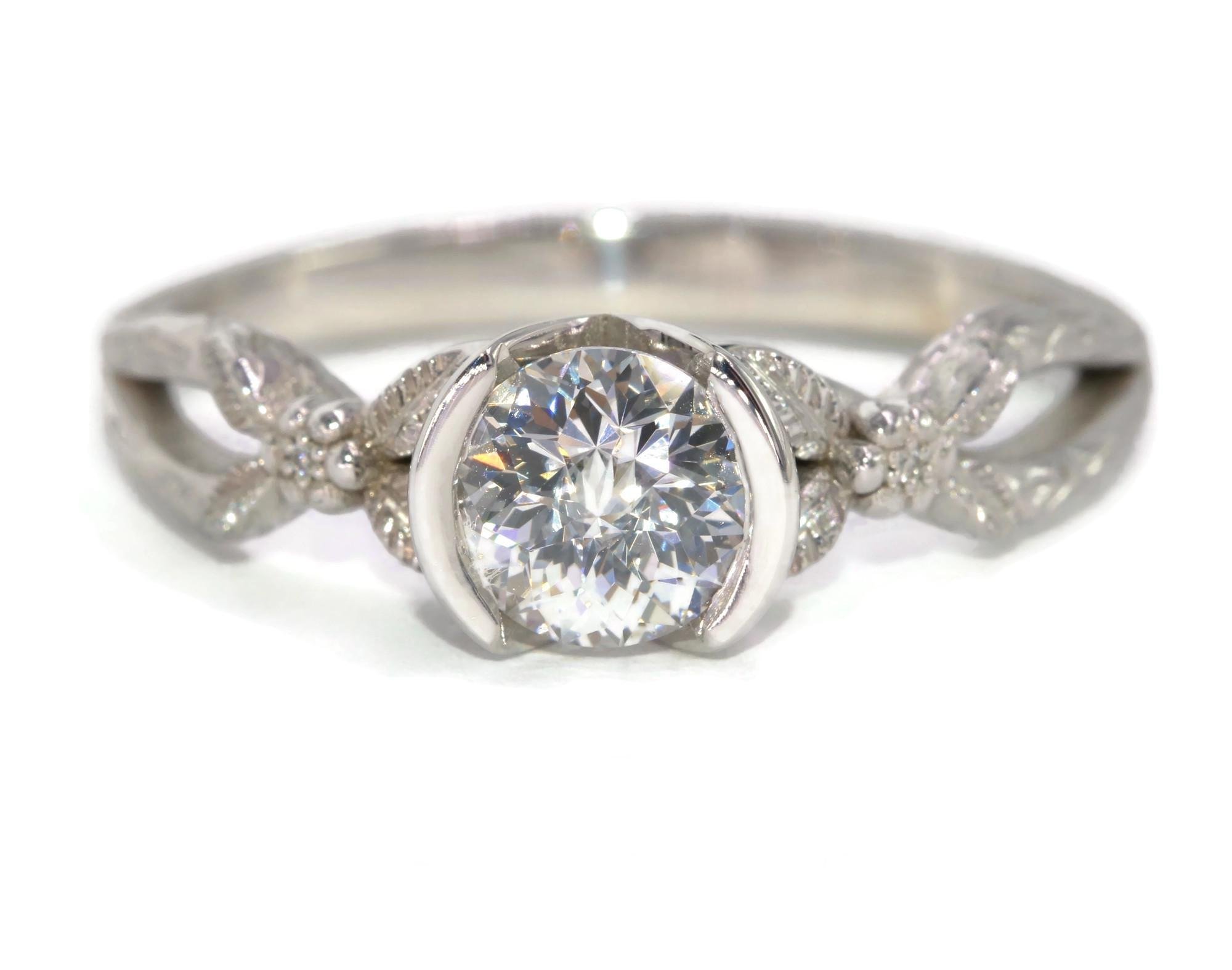 IGI Certified Portuguese Cut 1.5 ct Lab Diamond Ring: Rustic Twig & Flowers