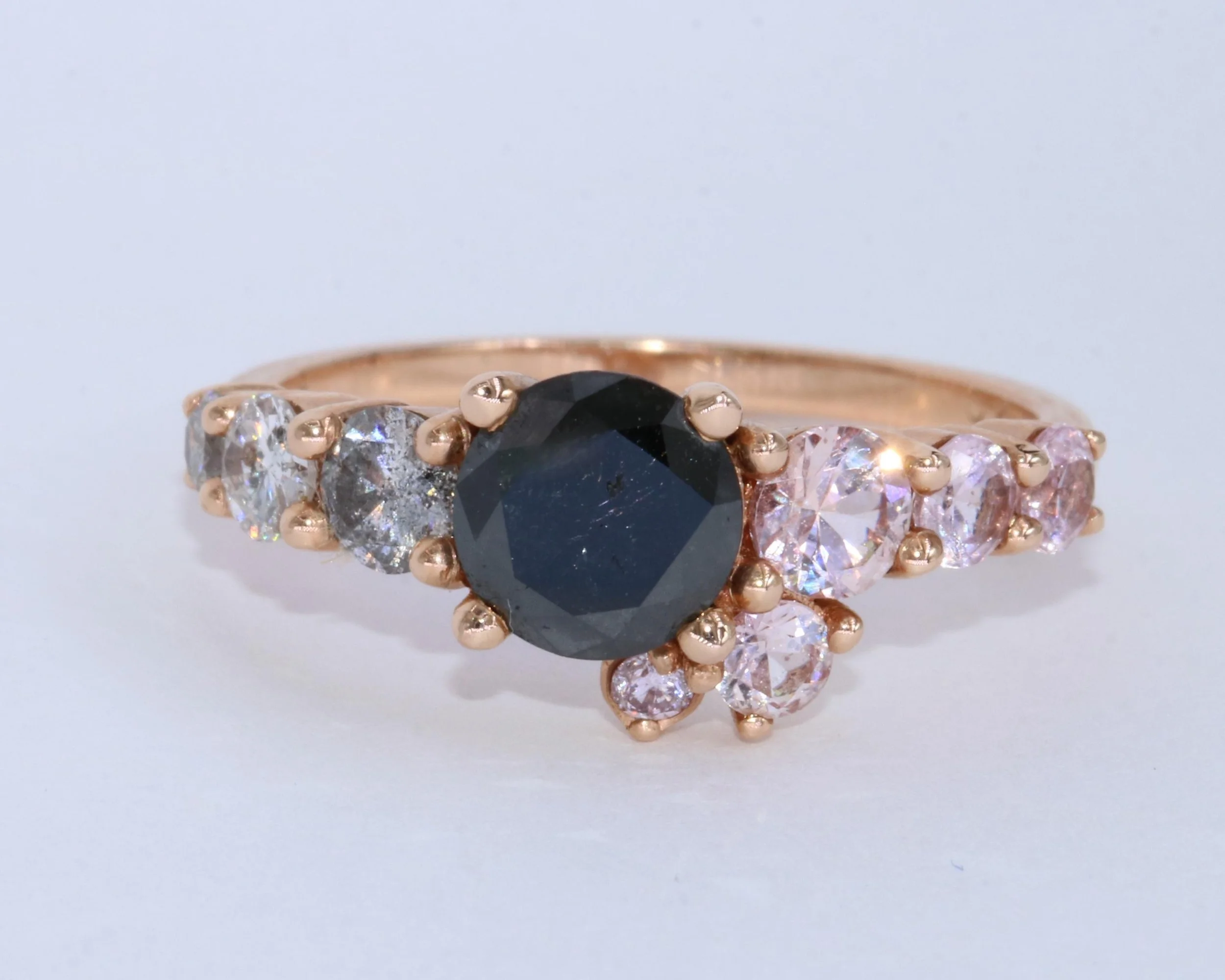 1 carat Black Natural Diamond + Pink Sapphires Ombre Cluster Engagement Ring 14k Rose Gold