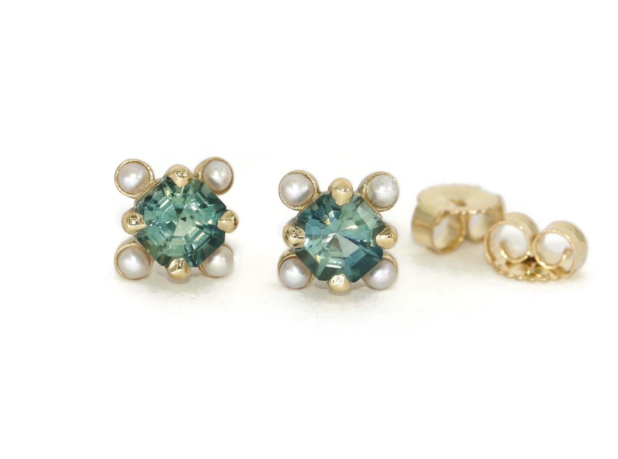 1.25 carat Octagon Teal Blue Green Natural Sapphire and Pearls Stud Earrings