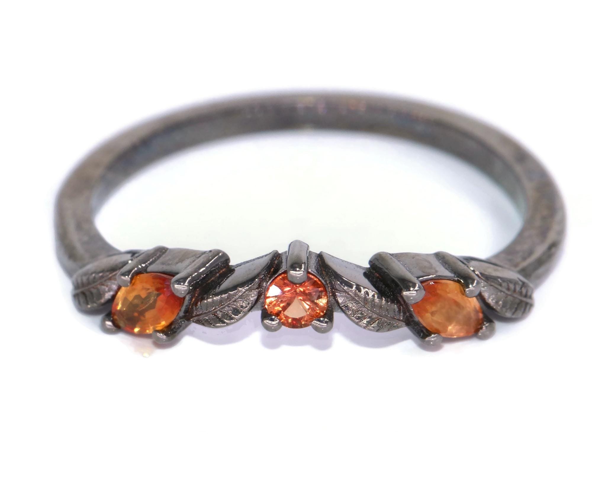 Gothic Engraved Leaves Wedding Band with Sunset Sapphires