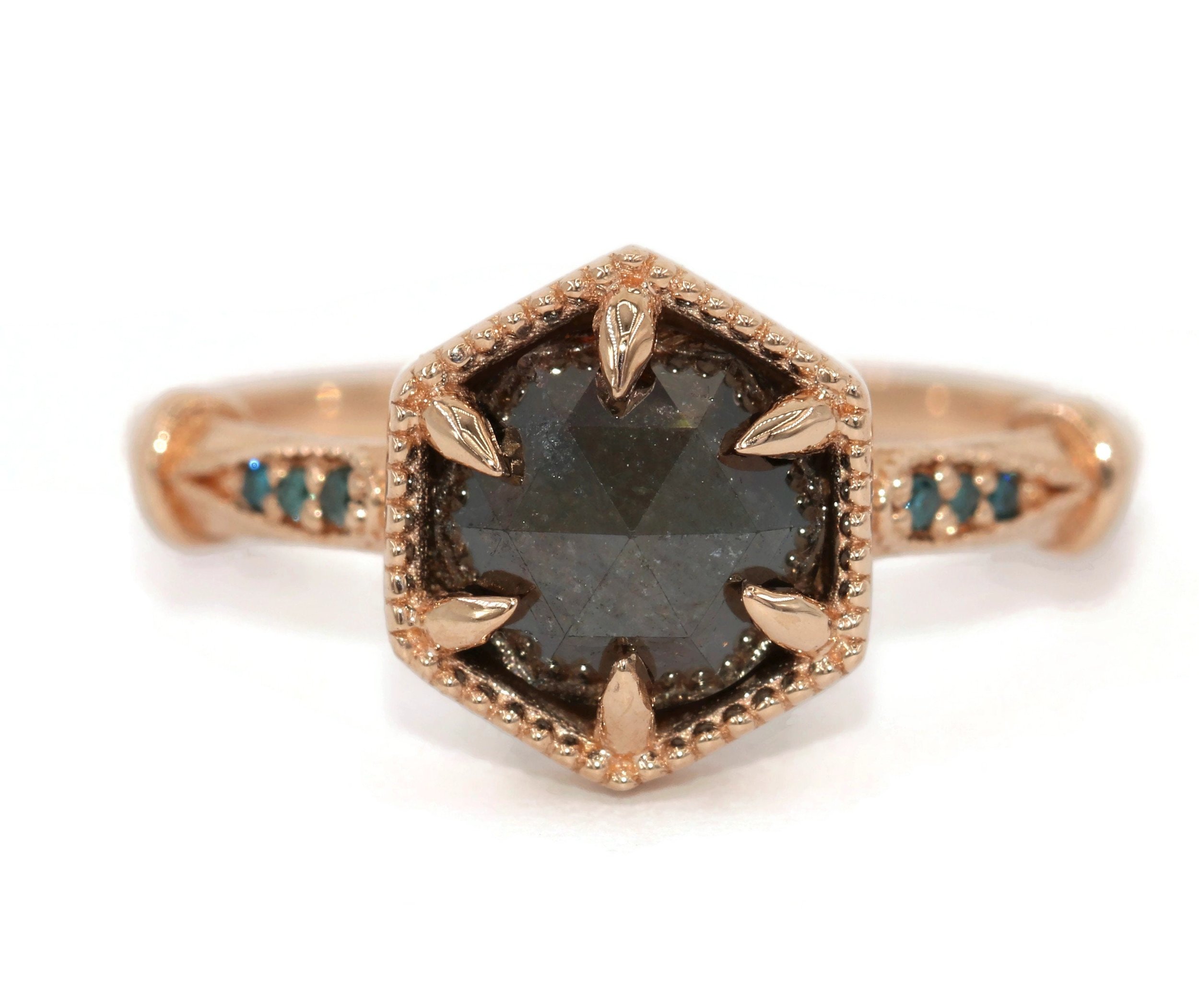 2 ct Raw Rustic Rose Cut Natural Diamond Hexagon Frame Ring