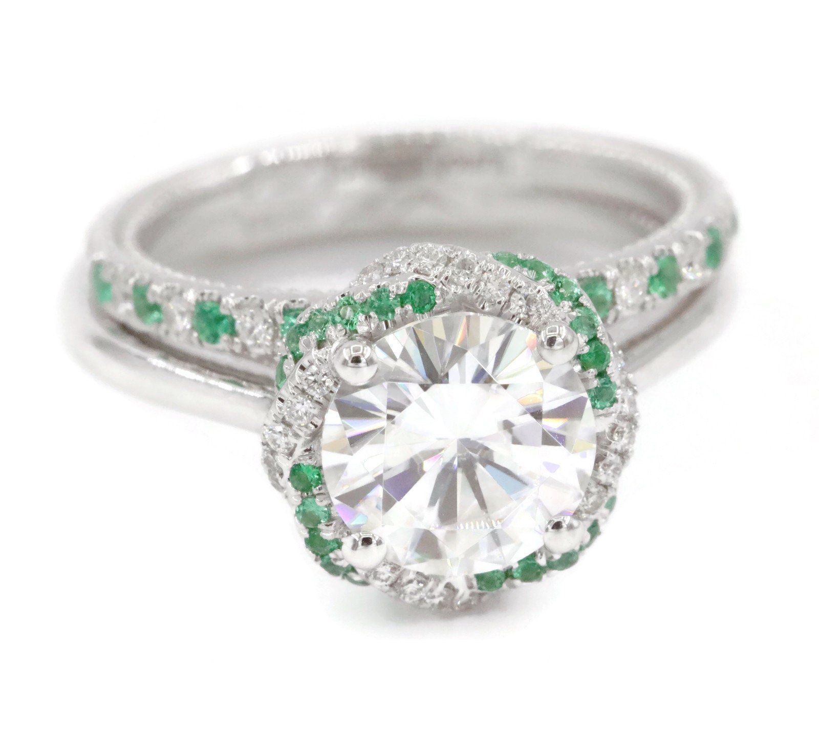 IGI Certified 3 ct Lab Diamond + Natural Emerald Rope Halo Engagement Rings Set