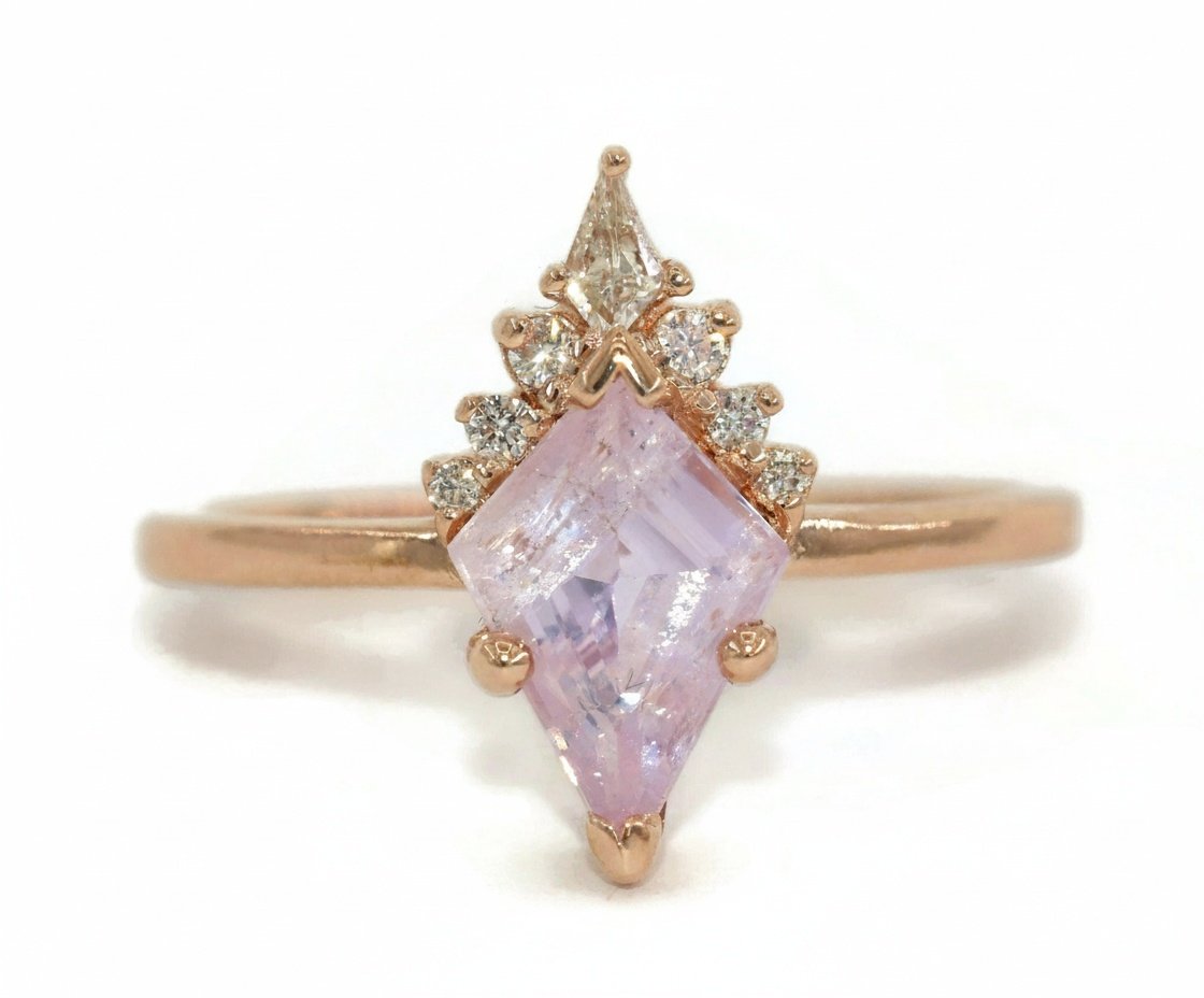1.5 ct Kite Shape Purple Pink Natural Sapphire + Kite Diamond Sunburst Cluster Ring