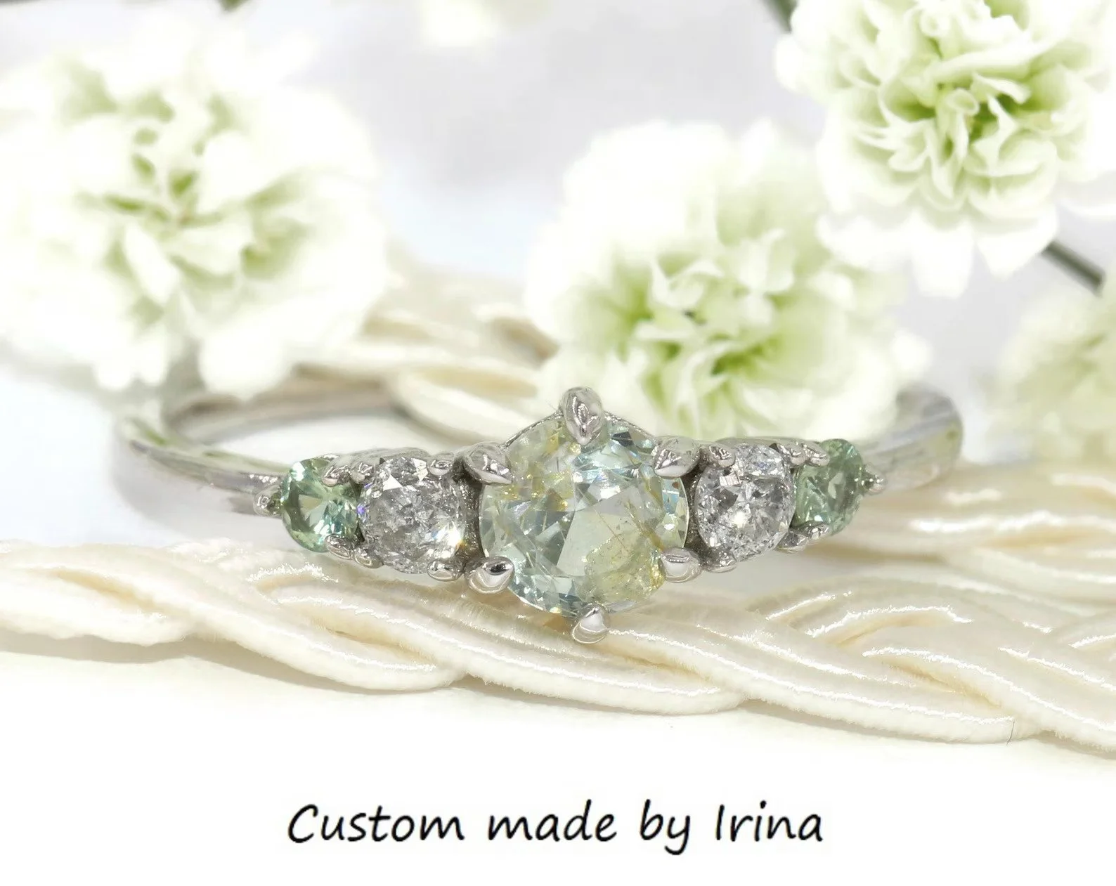 Unheated Pastel Natural Montana Sapphire 5 Stone Cluster Engagement Ring 14k Solid Gold