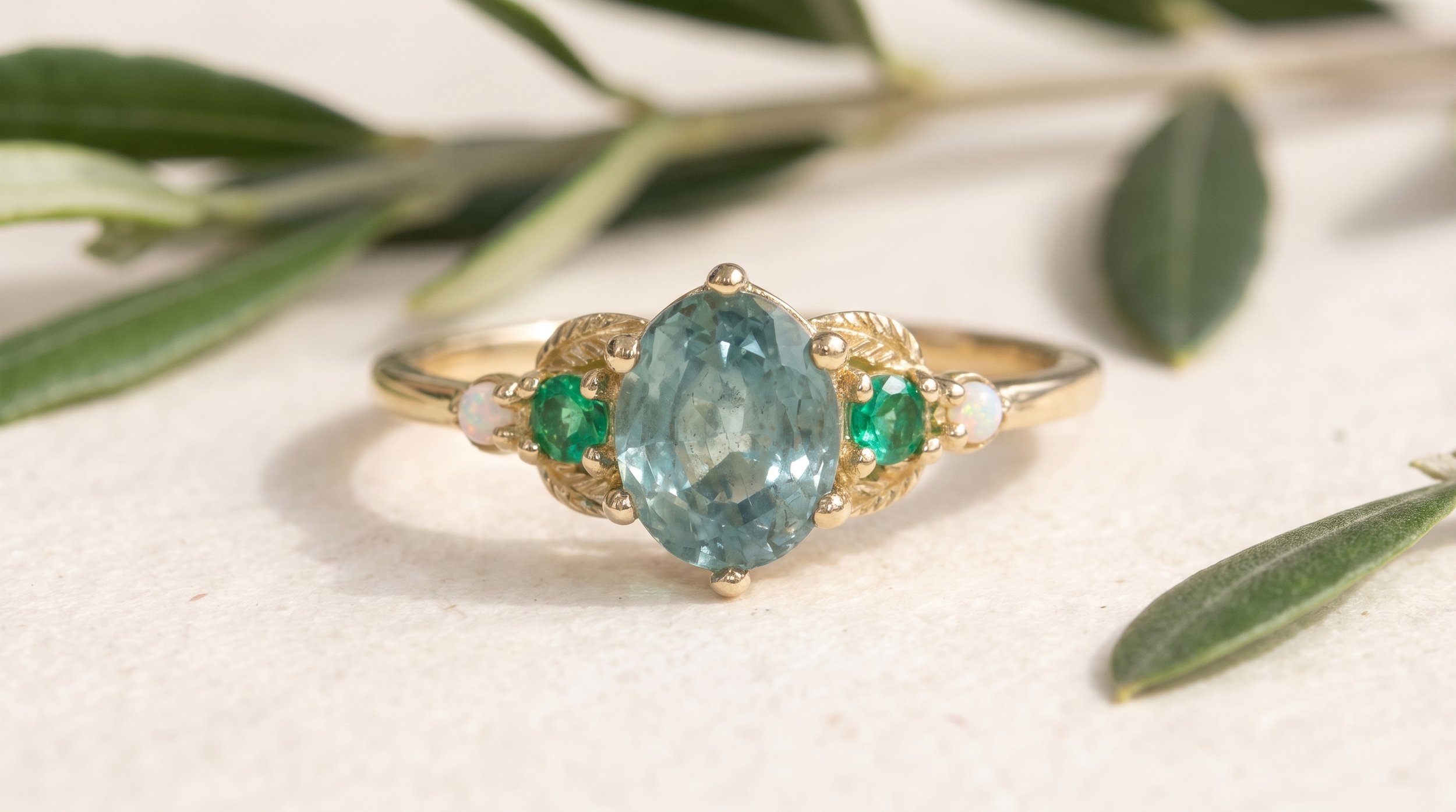 A nature-inspired yellow gold ring with an oval teal-blue gemstone center, flanked by diamond and small teal accent stones, displayed on olive leaves against a neutral background.