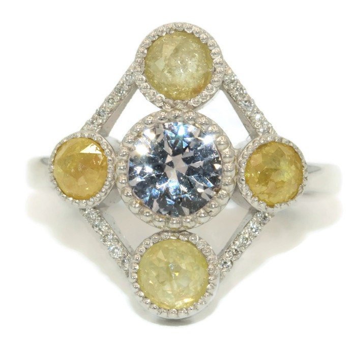 Vintage Style Inspired 1 ct White Natural Sapphire and Yellow Diamond Ring