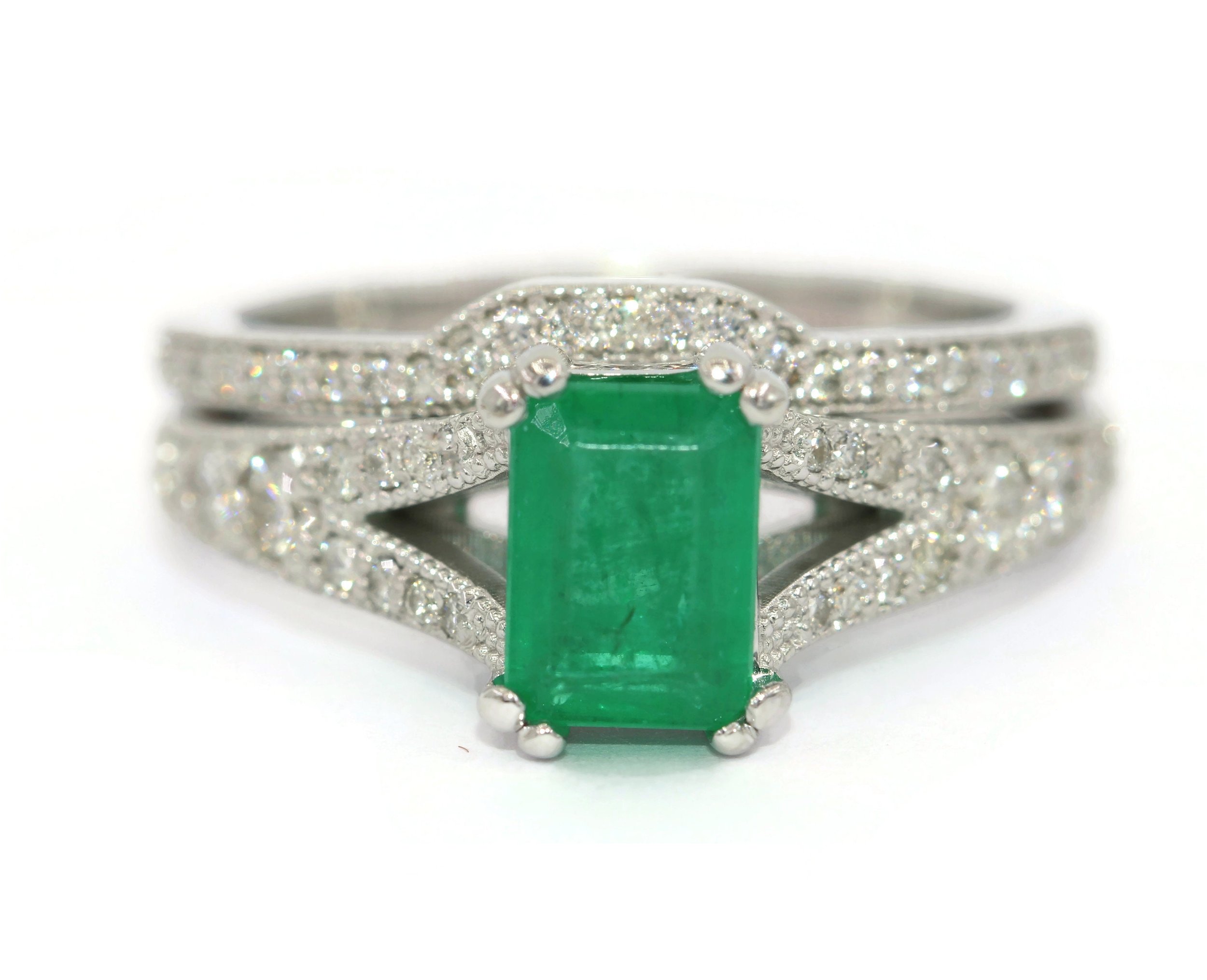 Emerald and Diamond Engagement Rings Set with Vintage Inspired Style Split Shank