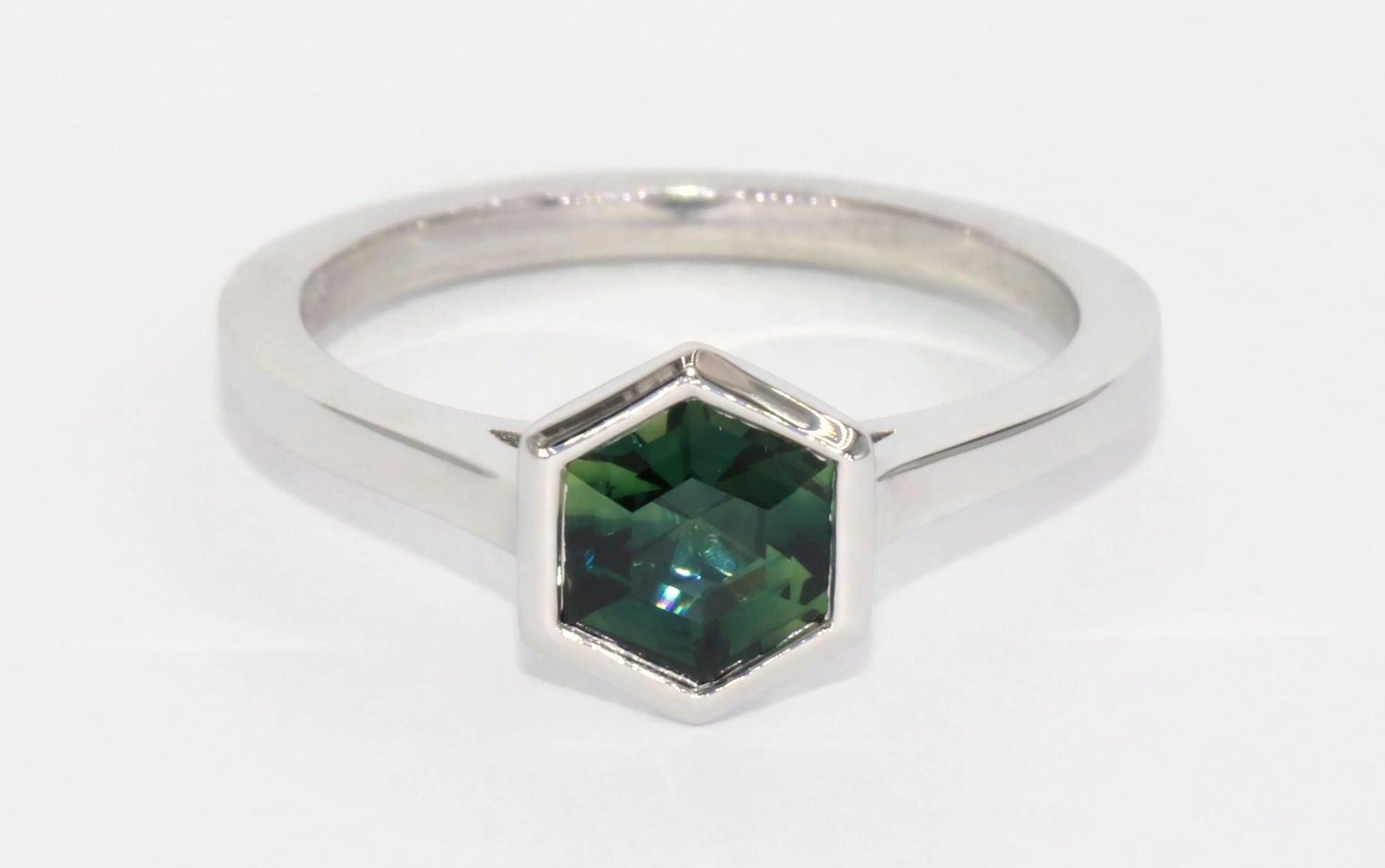 1 ct Blue Green Hexagon Natural Sapphire Bezel Set Engagement Ring