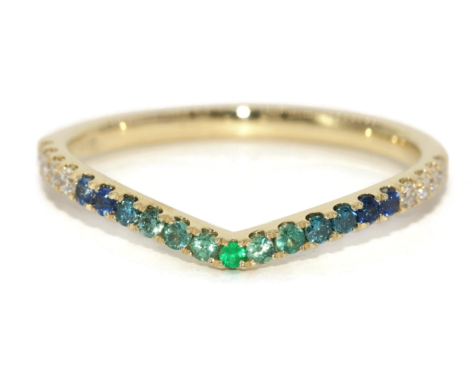 Chevron Ombre Green Blue Sapphires and Diamonds V Shape Flair Wedding Band