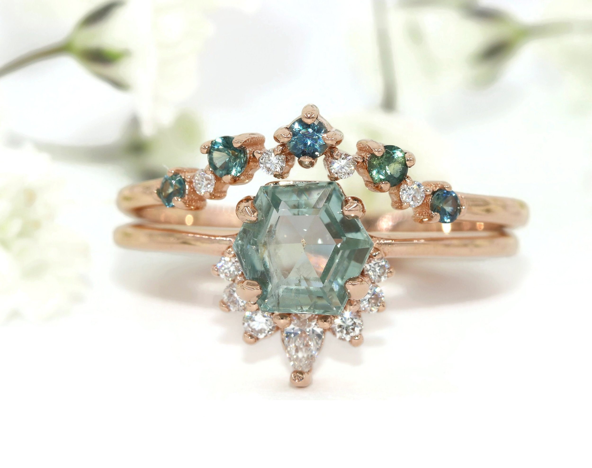 Sunburst Montana Hexagon Teal Natural Sapphire Ring
