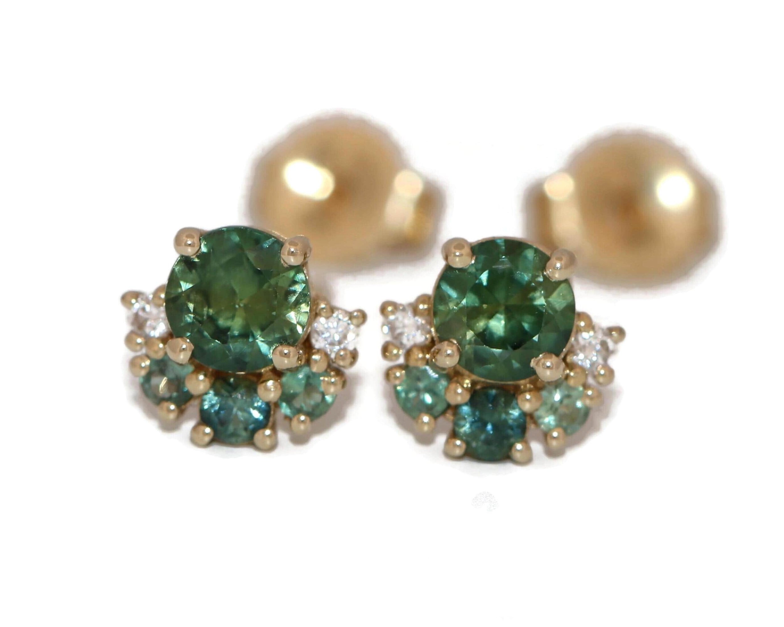 Ombré Cluster Blue Green Natural Sapphires and Diamonds Halfmoon Stud Earrings