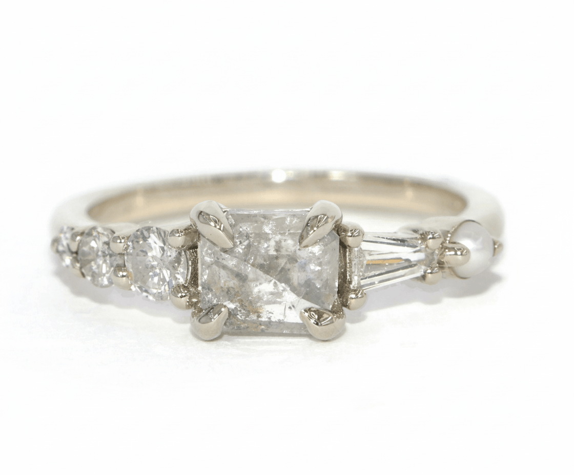 Custom-made Salt and Pepper Ice Gray Natural Diamond Linear Cluster Ring with Pearl