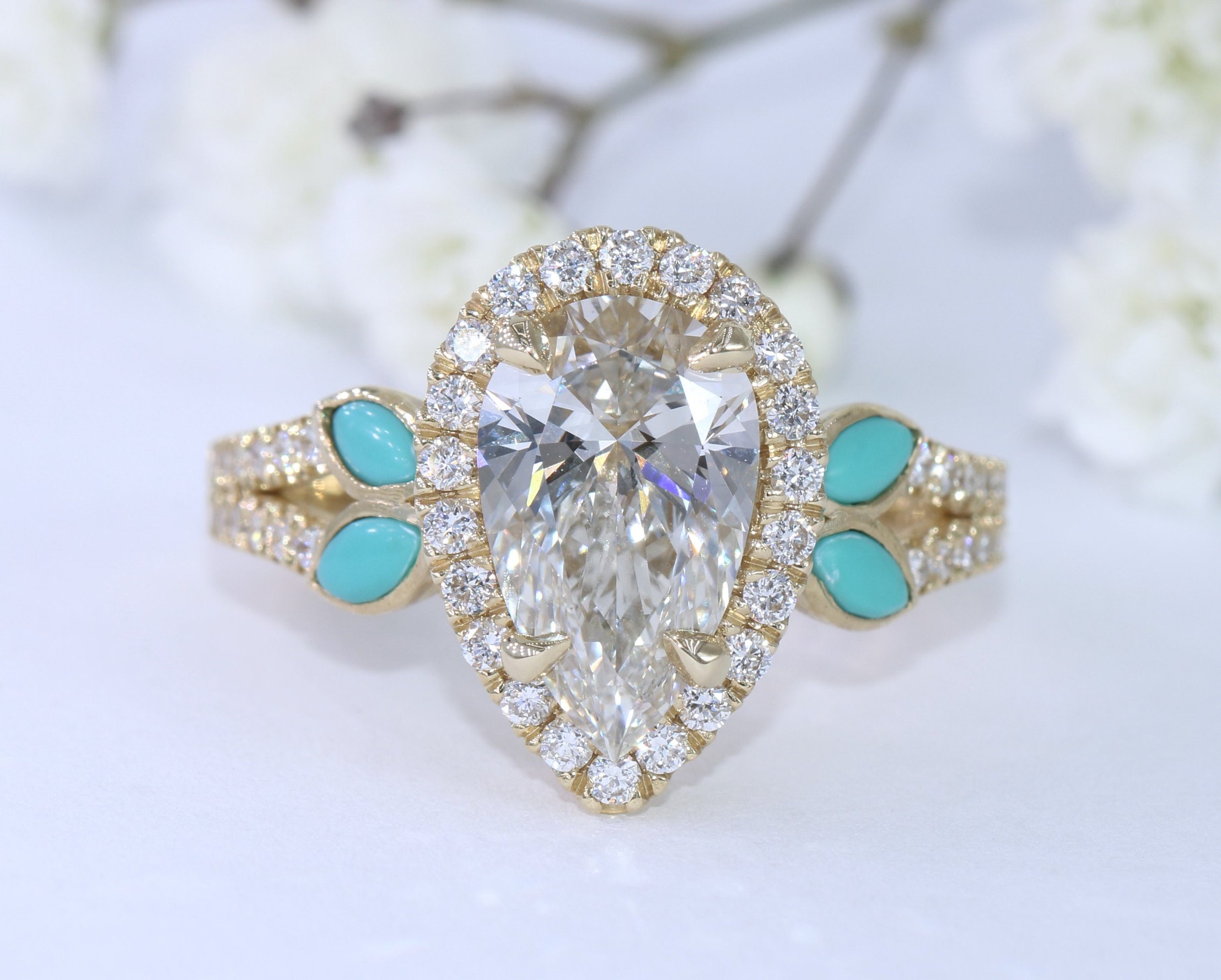 2.5 ct IGI Certified Pear Lab Diamond Halo Split Shank Ring with Natural Turquoise Gemstones