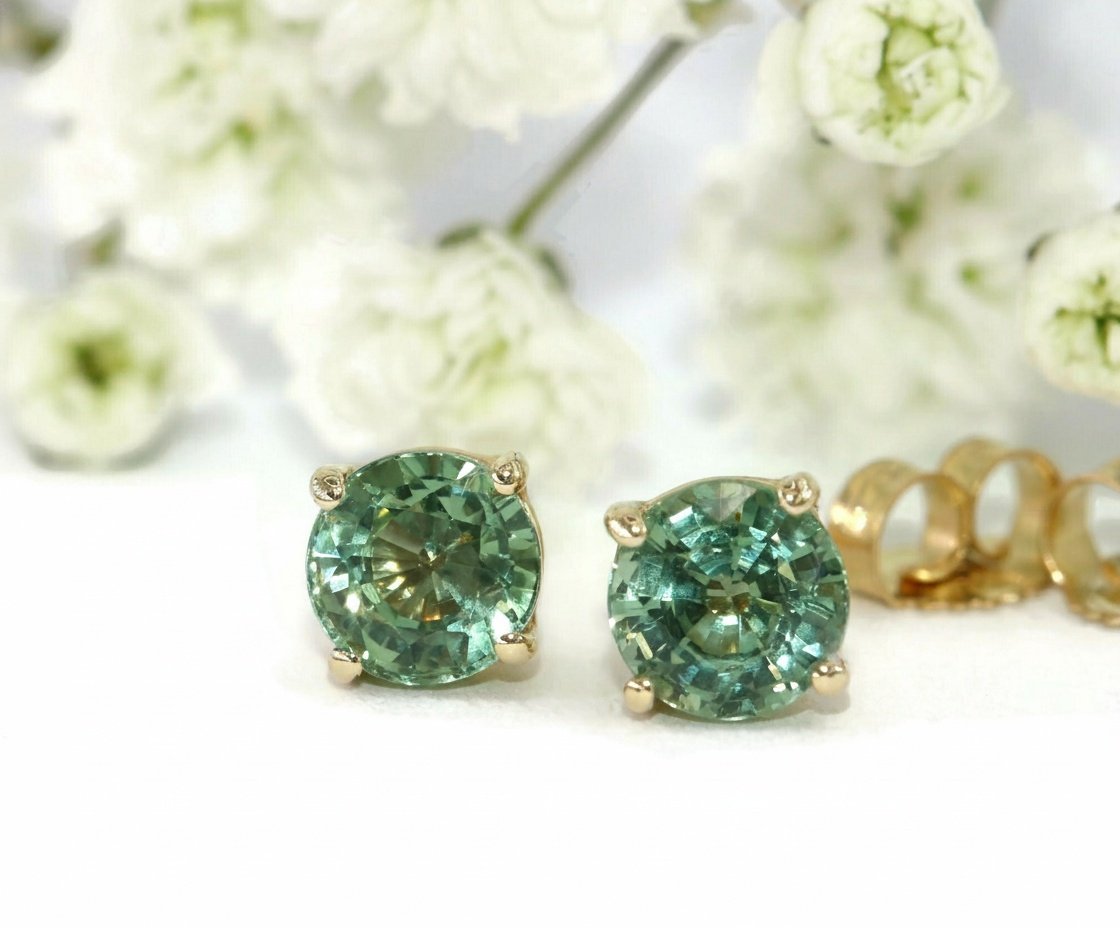 1.4 ct Round Green Natural Sapphire 4 Prongs Stud Earrings Custom Made