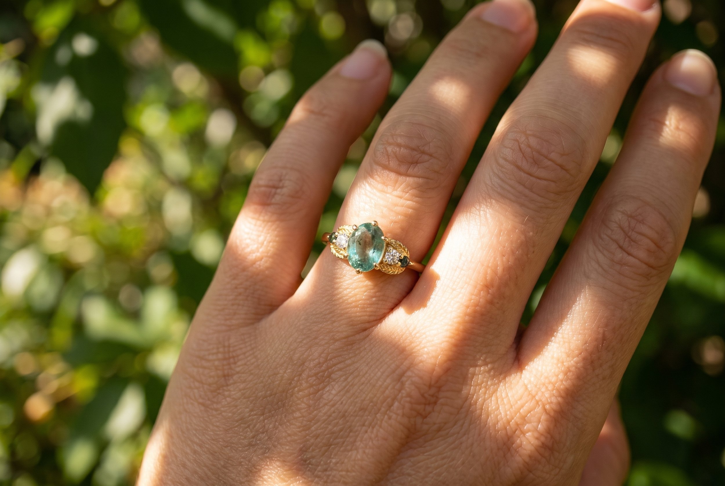 A close-up of a hand wearing a nature-inspired yellow gold ring with an oval teal-blue center stone, diamond and teal accent stones, set against a sunlit green tree bokeh background.