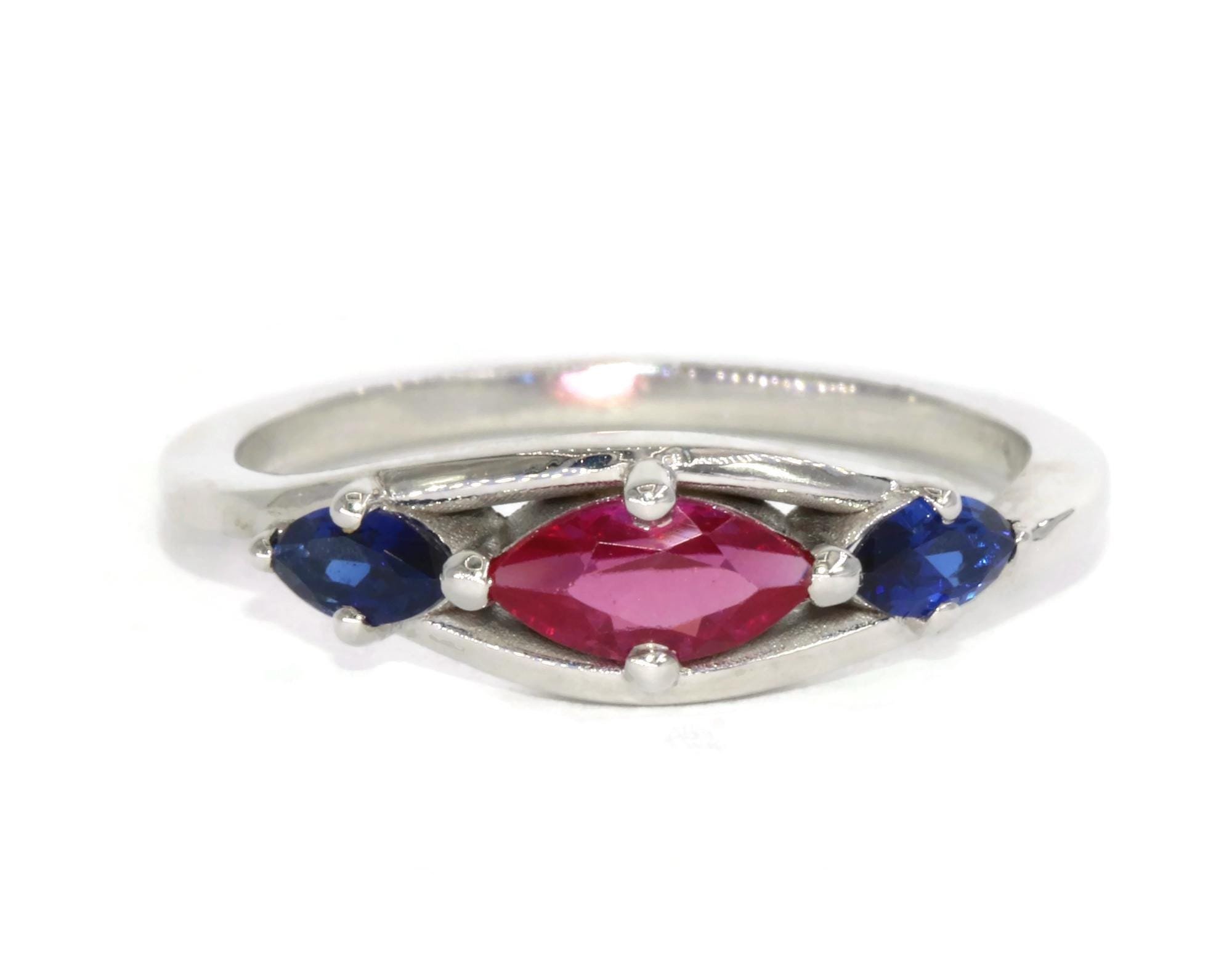 3 Stone Bypass East West Marquise Ruby and Sapphire Ring