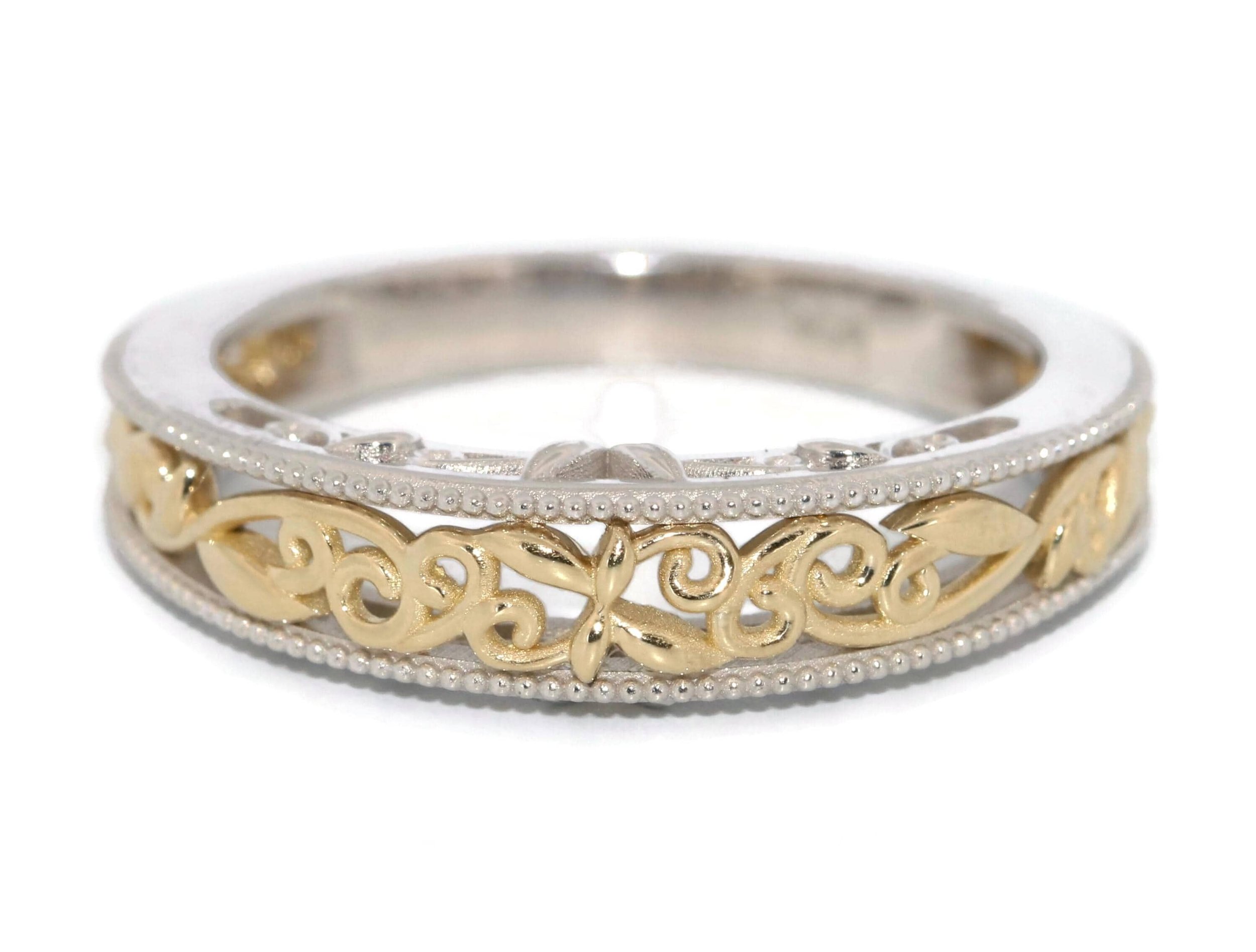 Bi-color Mixed Gold Leaf Vine Scroll Pattern Filigree Wedding Ring