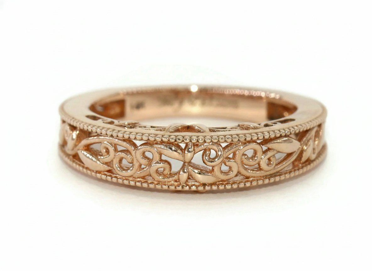 Foliage Scroll Pattern Filigree Milgrain Vine Leaf Rustic Wedding Ring