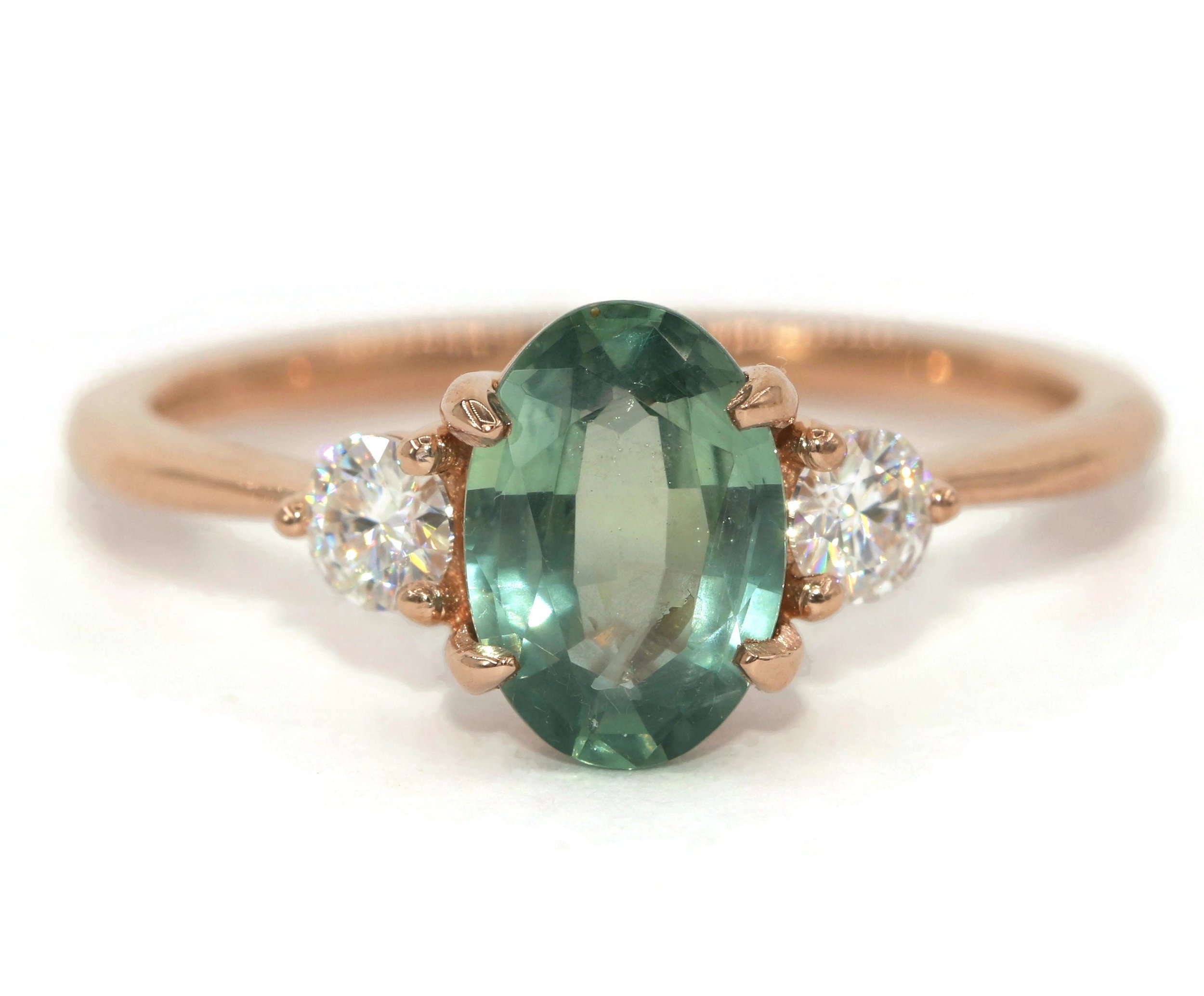 1.5 ct Oval Teal Green Natural Sapphire 3 Stone Engagement Ring