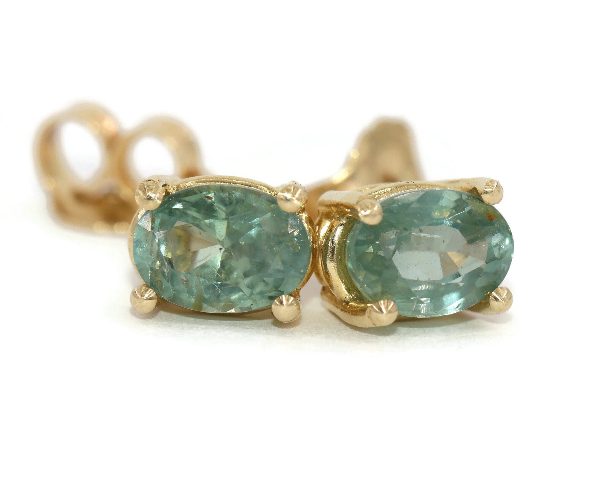Custom-made Teal Pastel Green Oval Natural Sapphire Stud Earrings 1.5 carat