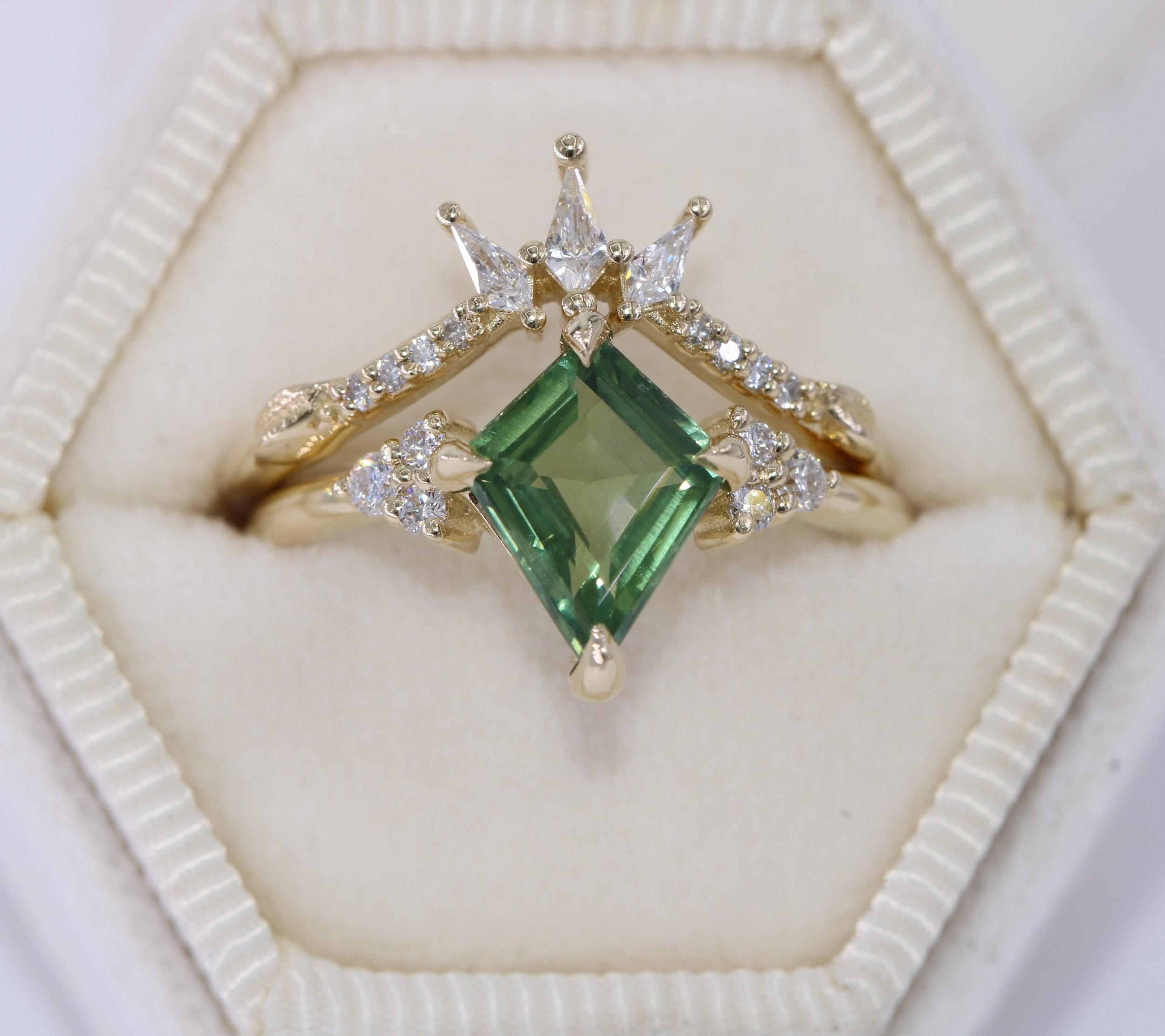 2 ct Kite Green Natural Sapphire + Natural Diamonds Engagement and Wedding Rings Set