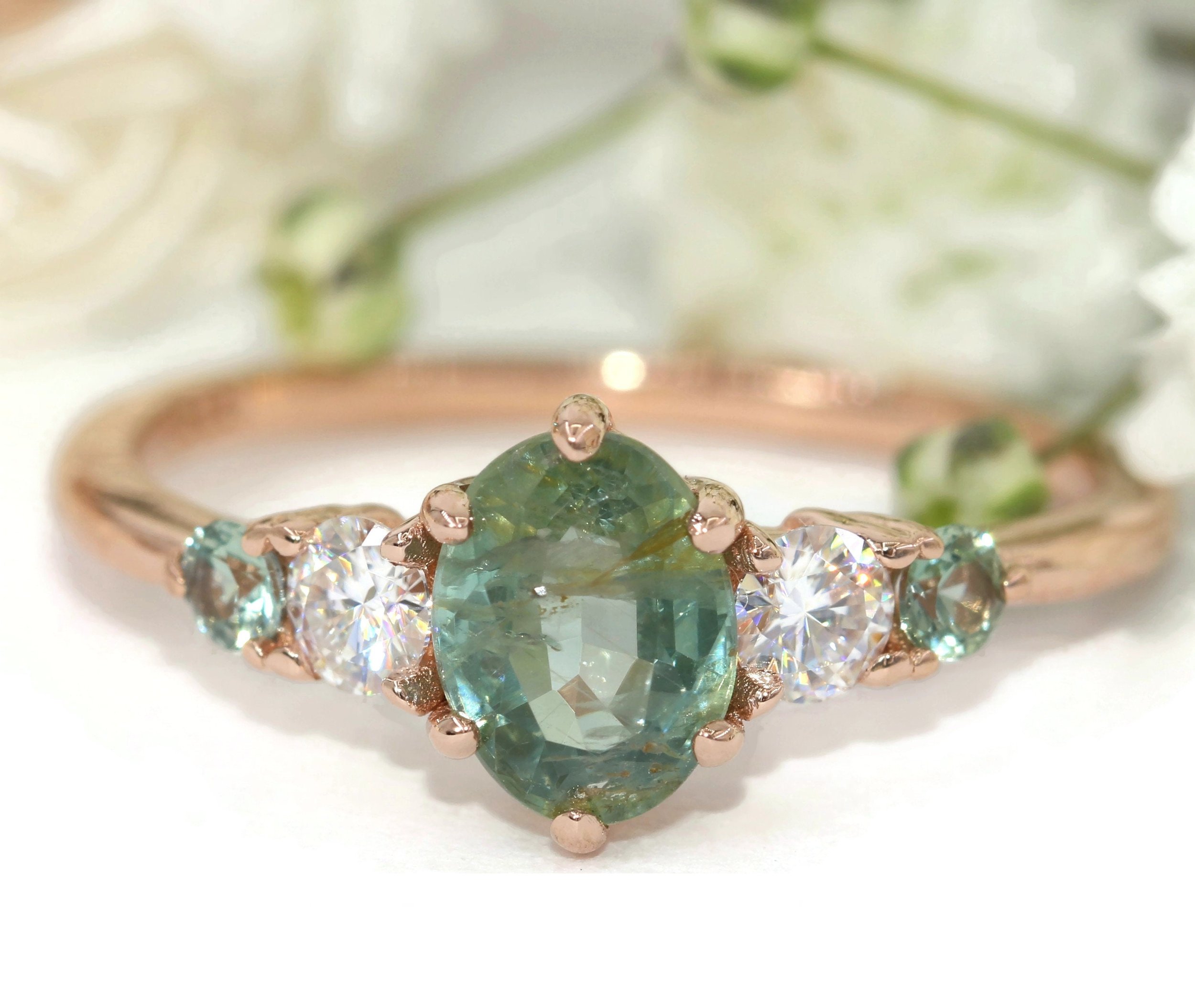 1 carat Teal Blue Green Oval Natural Sapphire 5 Stone Ring