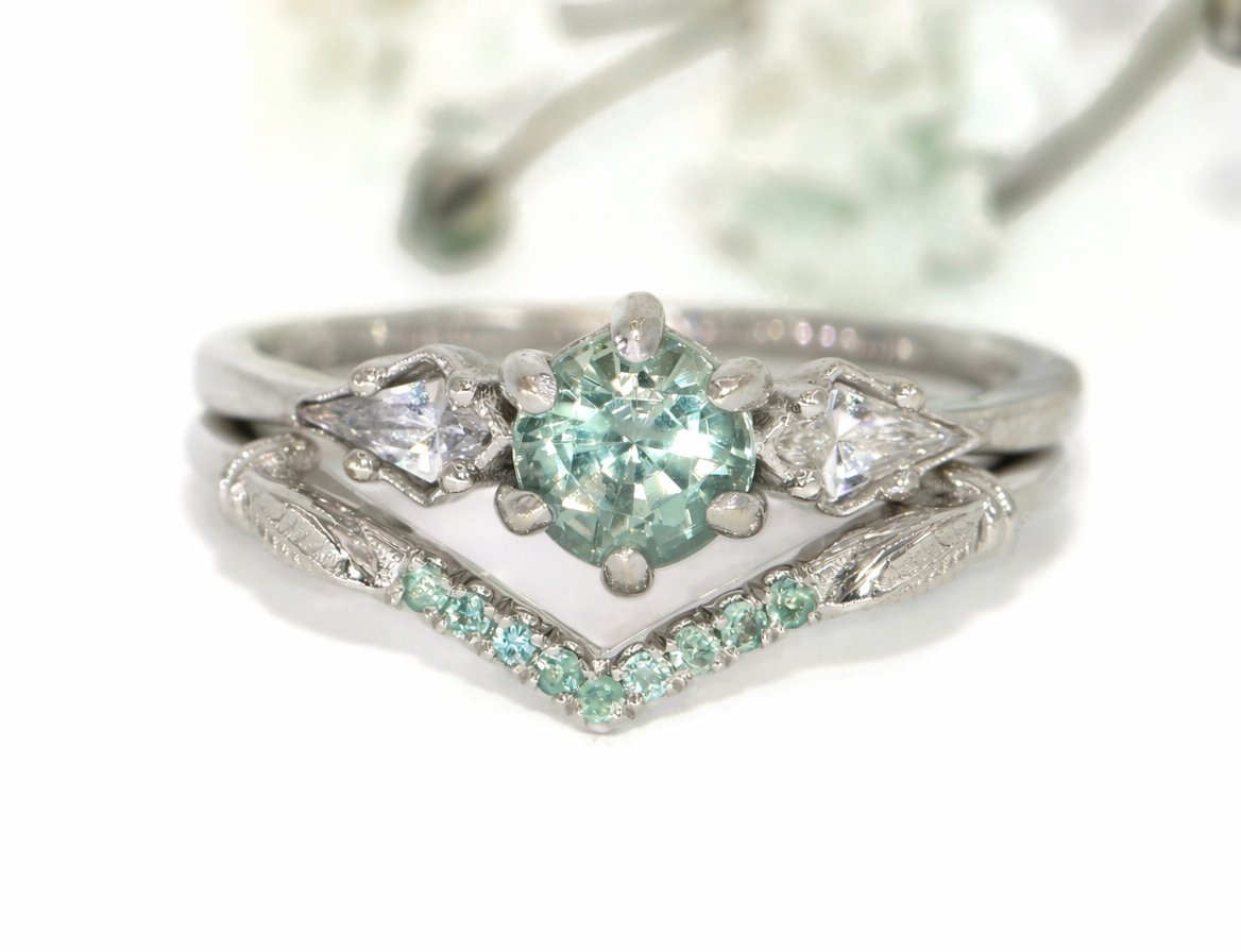 Teal Green Natural Unheated Montana Sapphire and Kite Diamond Engagement Ring