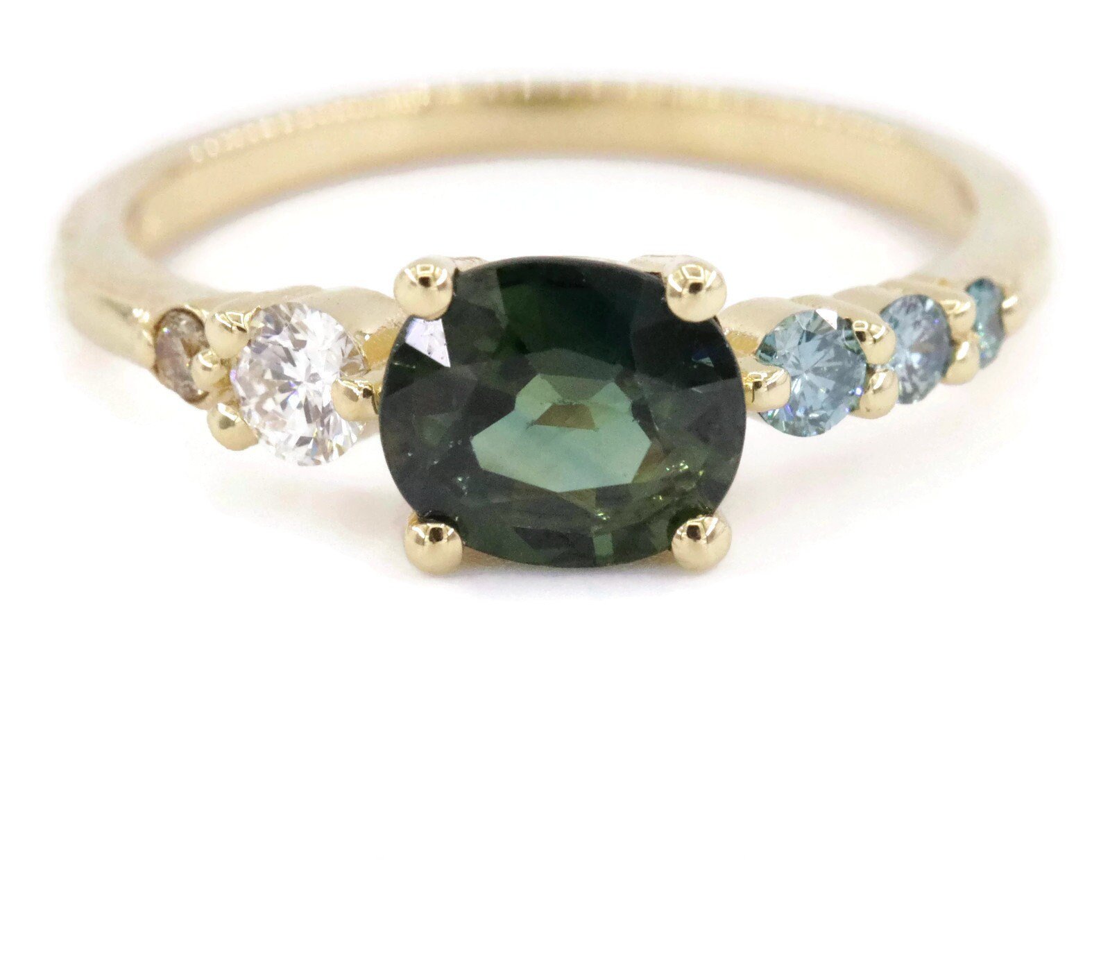1.5 ct Peacock Blue Green Natural Sapphire Ombre Cluster Ring