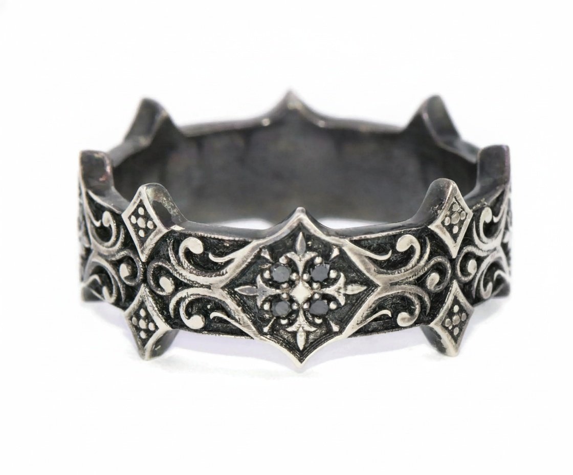 Unisex Black Oxidized Sterling Silver Ring with Black Natural Diamonds